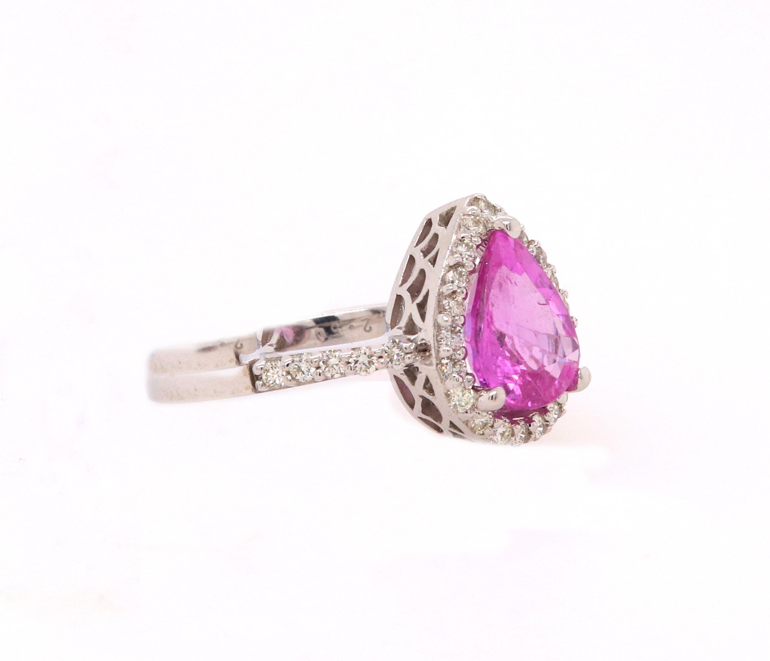 Material: 14k White Gold 
Center Stone Details: 1 Pear Shaped Pink Sapphire at 2.5 Carats
Mounting Diamond Details: 31 Brilliant Round White Diamonds at 0.42 Carats - Clarity: VS-SI / Color: H-I
Complimentary sizing on all Alberto rings

Fine
