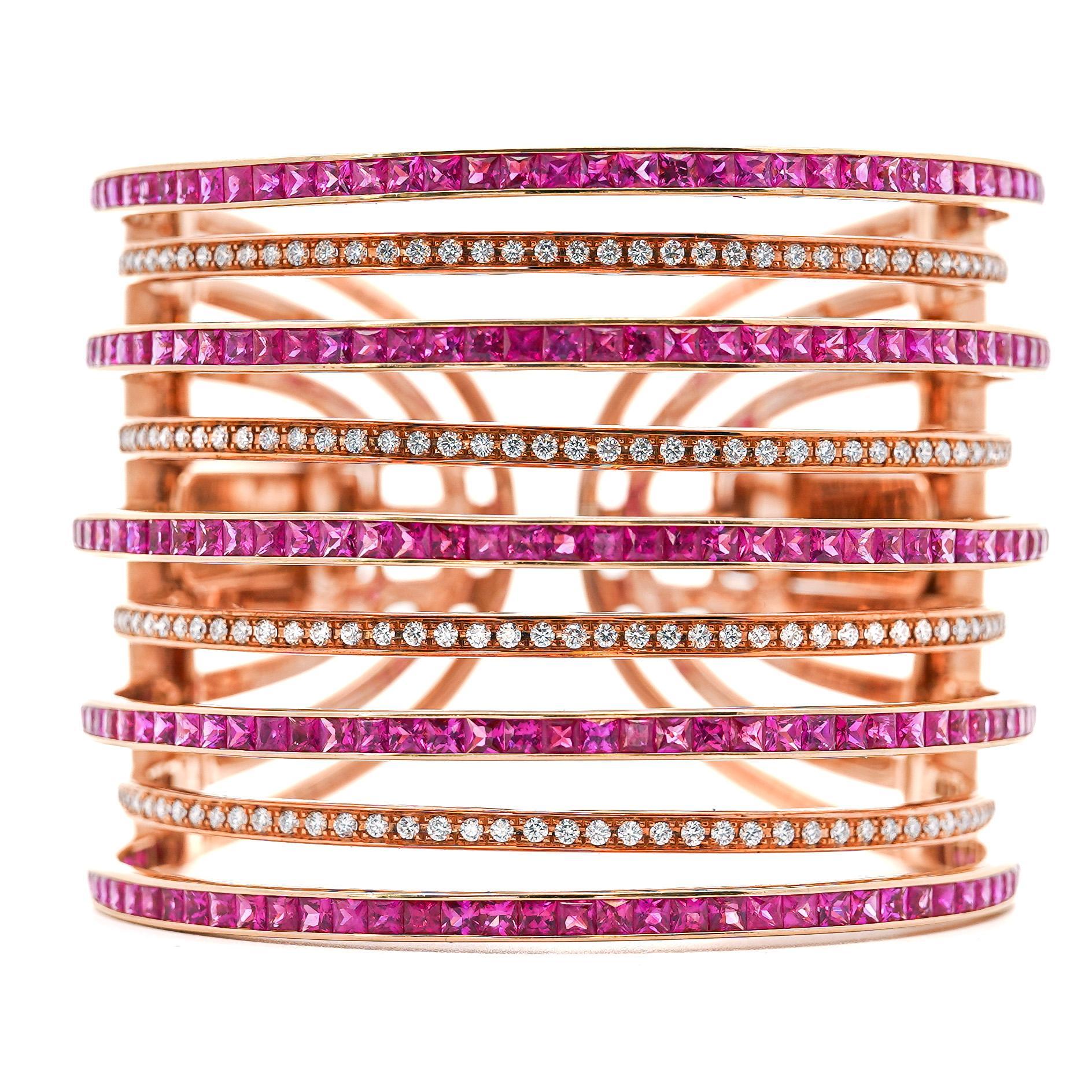 25 Carat Pink Sapphire & Diamond 18K Rose Gold Multi-Row Cuff Bangle Bracelet For Sale 4