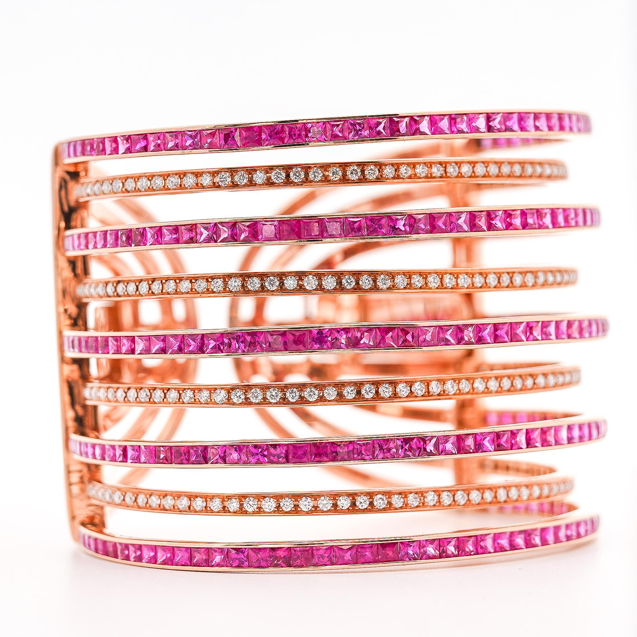 25 Carat Pink Sapphire & Diamond 18K Rose Gold Multi-Row Cuff Bangle Bracelet For Sale 5