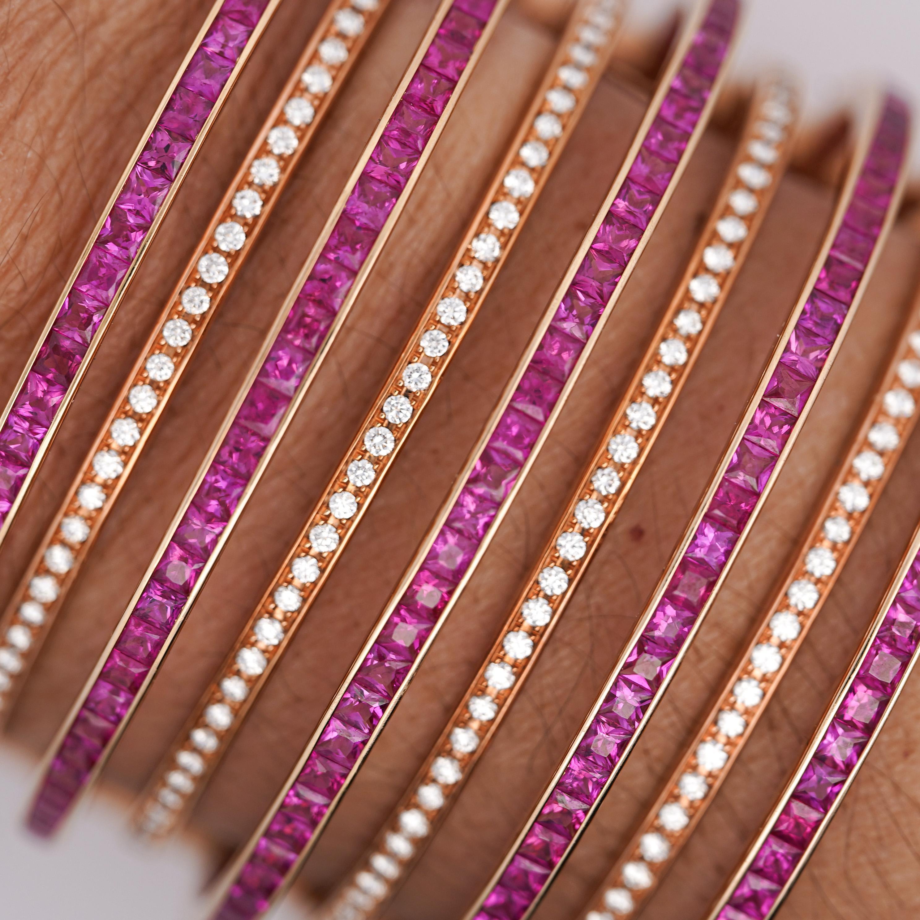 Modern 25 Carat Pink Sapphire & Diamond 18K Rose Gold Multi-Row Cuff Bangle Bracelet For Sale