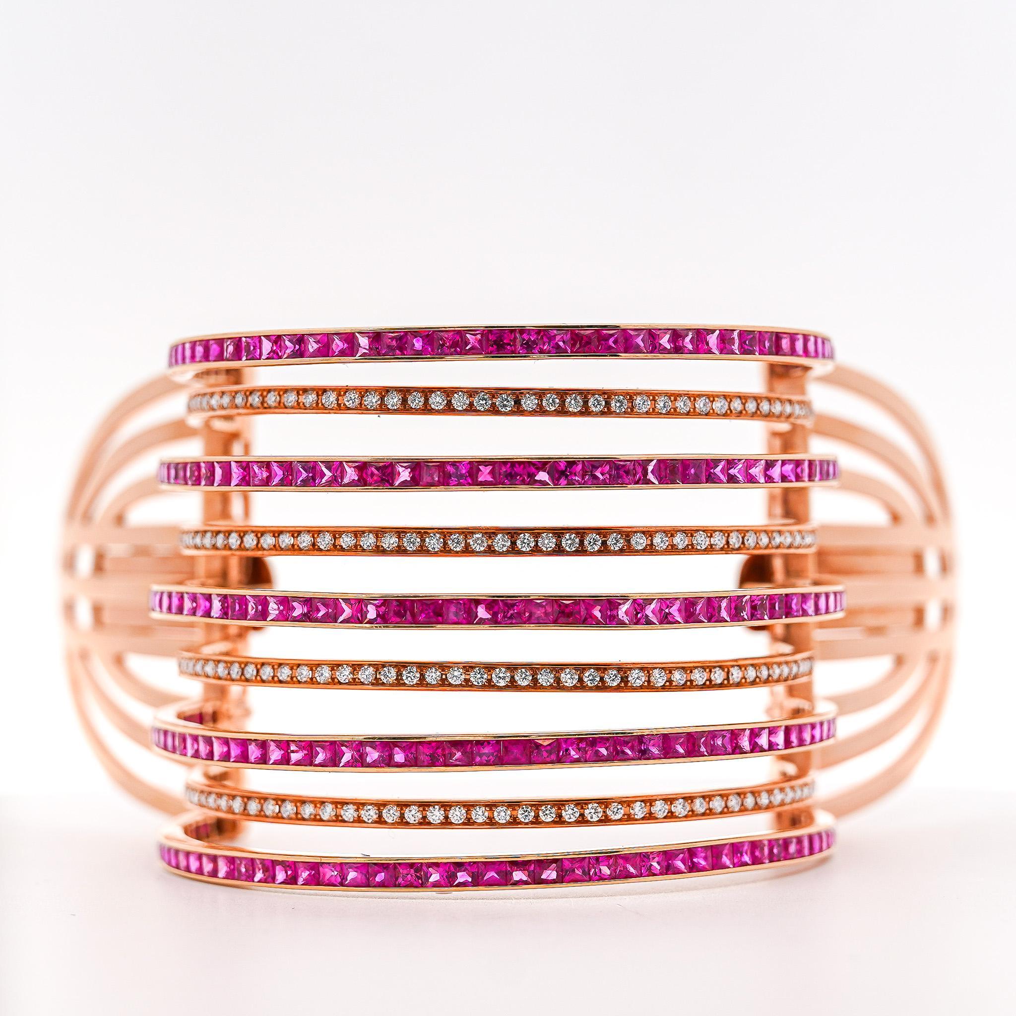 25 Carat Pink Sapphire & Diamond 18K Rose Gold Multi-Row Cuff Bangle Bracelet In New Condition For Sale In Miami, FL