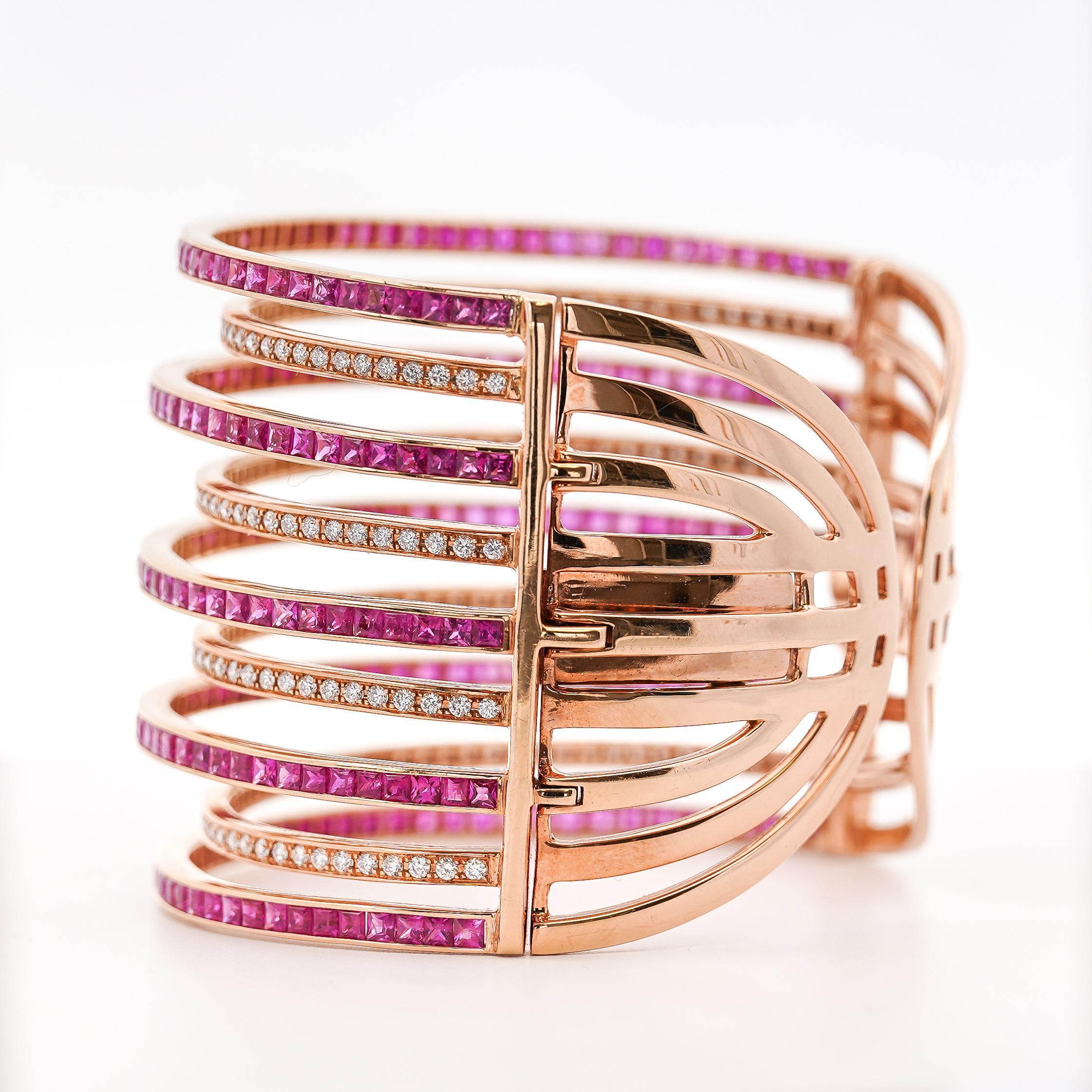 Women's 25 Carat Pink Sapphire & Diamond 18K Rose Gold Multi-Row Cuff Bangle Bracelet For Sale
