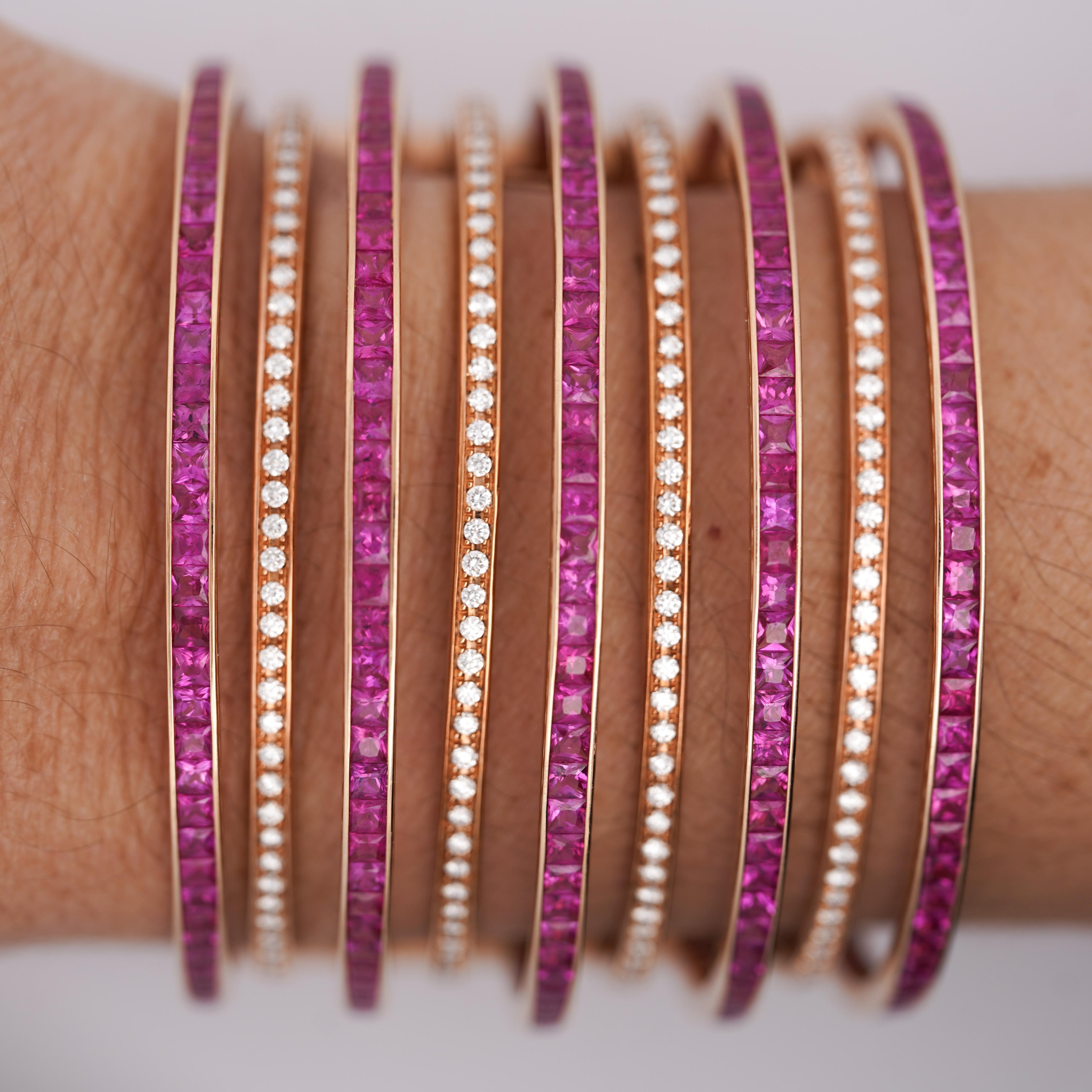 25 Carat Pink Sapphire & Diamond 18K Rose Gold Multi-Row Cuff Bangle Bracelet For Sale 1
