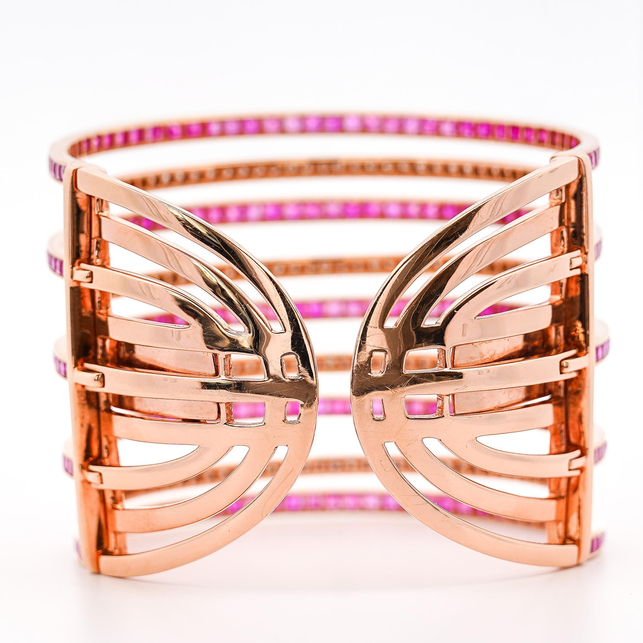 25 Carat Pink Sapphire & Diamond 18K Rose Gold Multi-Row Cuff Bangle Bracelet For Sale 2