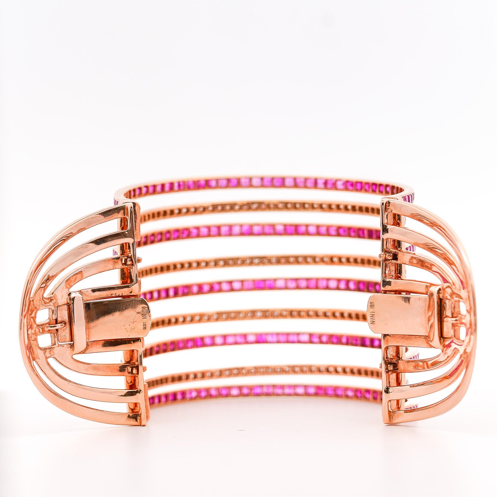 25 Carat Pink Sapphire & Diamond 18K Rose Gold Multi-Row Cuff Bangle Bracelet For Sale 3