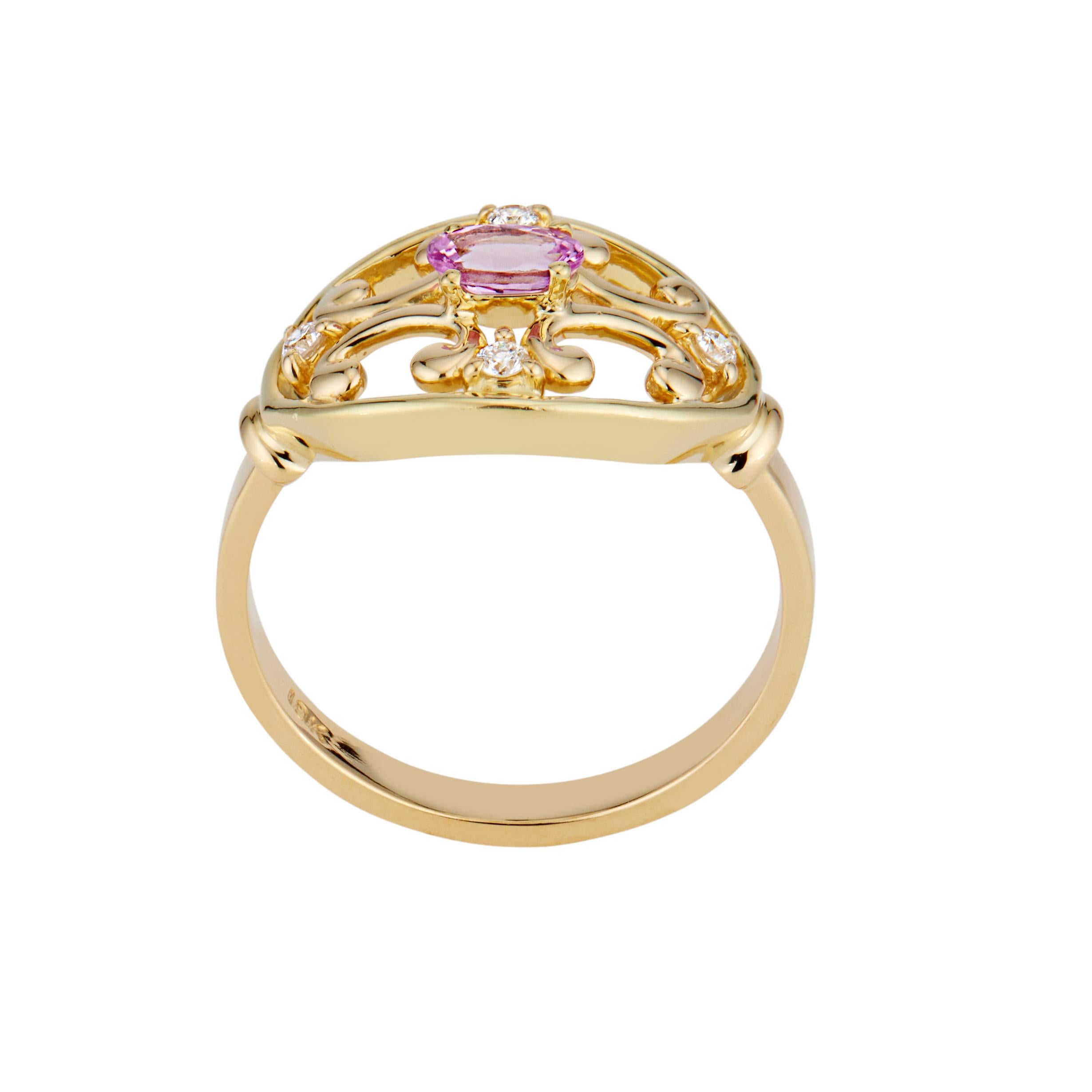 Oval Cut .25 Carat Pink Sapphire Diamond Etruscan Yellow Gold Ring For Sale