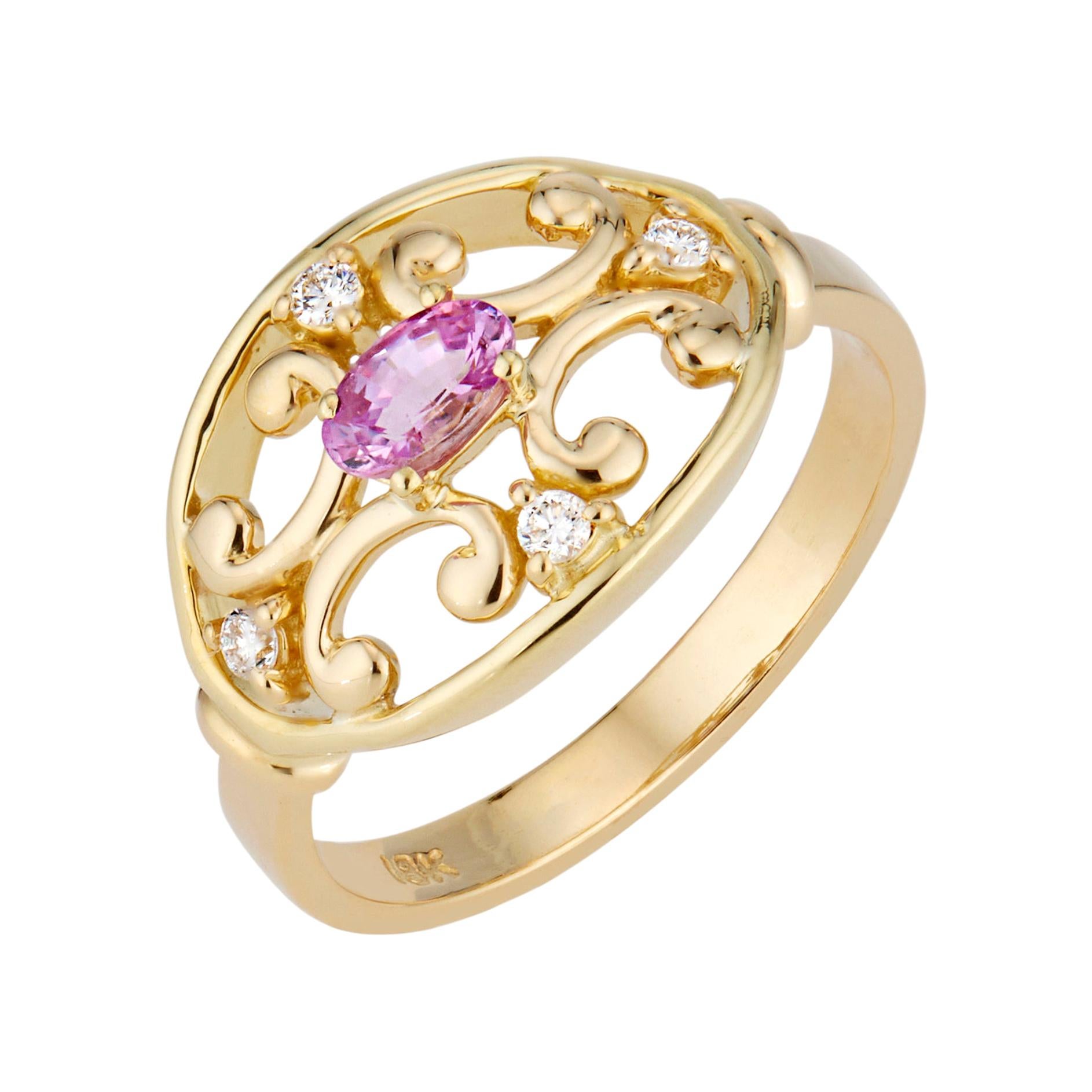 .25 Carat Pink Sapphire Diamond Etruscan Yellow Gold Ring For Sale