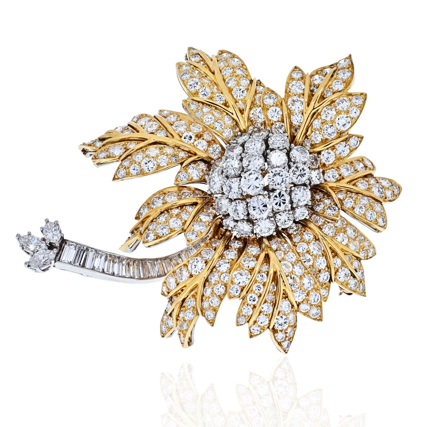 Round Cut 24.00cttw Carat Platinum and 18K Yellow Gold Diamond Vintage Flower Brooch For Sale