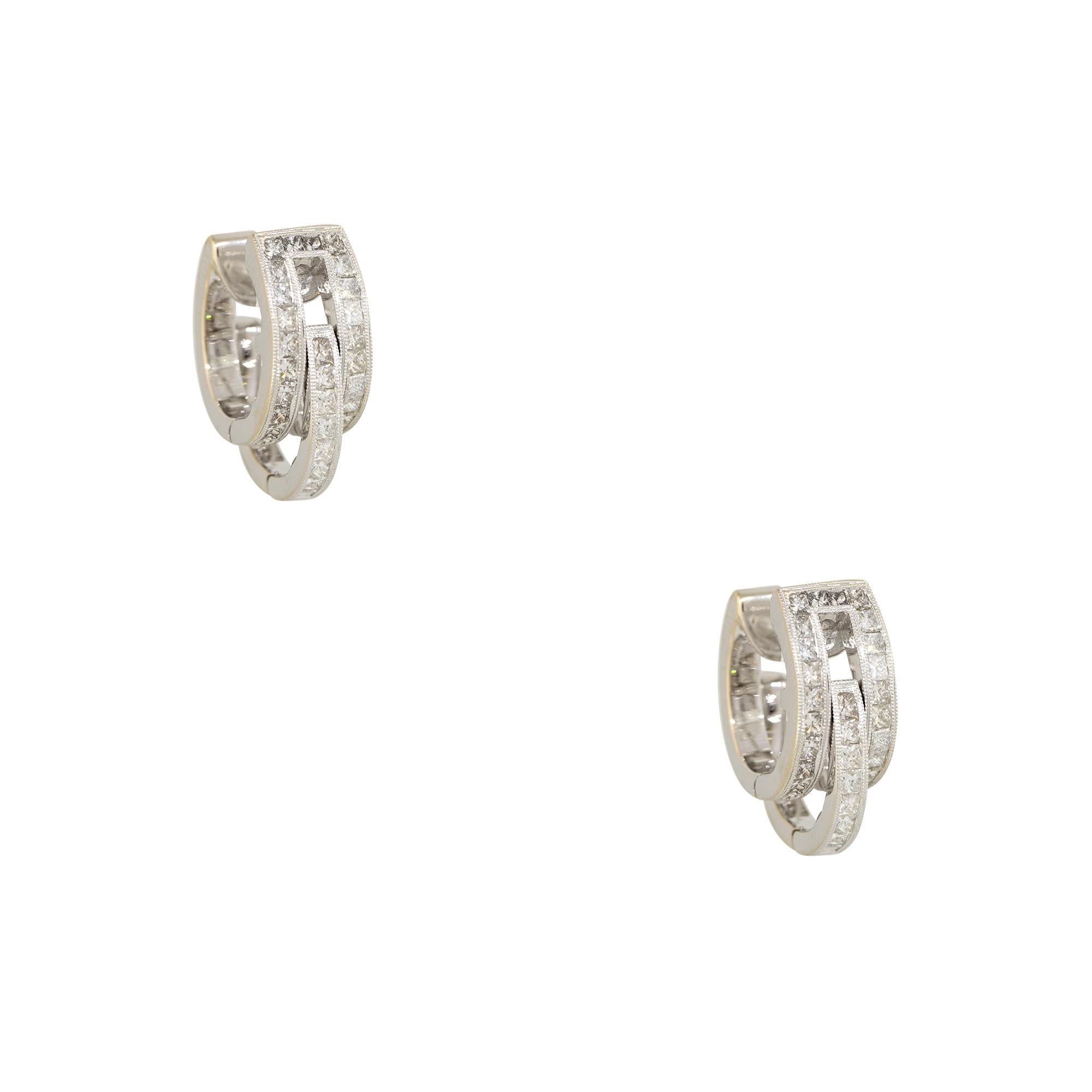 Modern 2.5 Carat Princess cut Diamond 3-Row Huggie Style Earrings 18 Karat In Stock For Sale