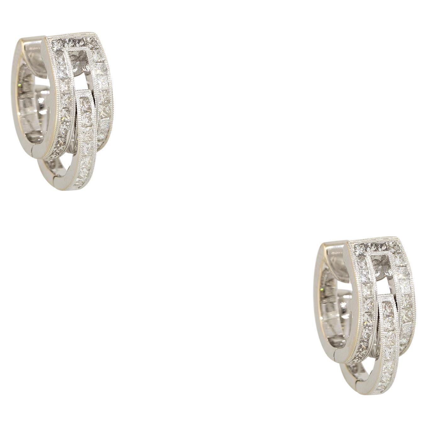 2.5 Carat Princess cut Diamond 3-Row Huggie Style Earrings 18 Karat In Stock For Sale