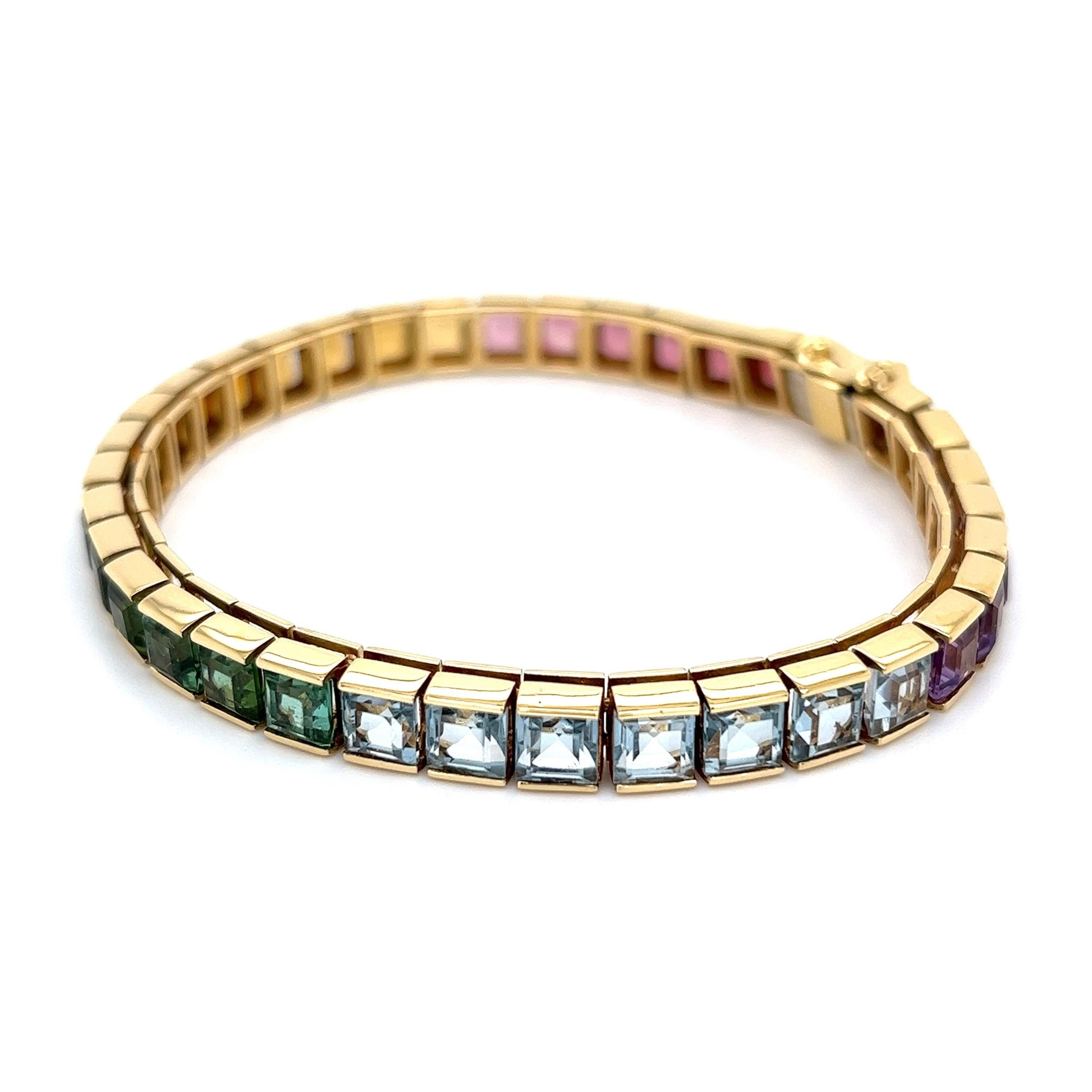 Square Cut 25 Carat Rainbow Gemstone Gold Line Tennis Bracelet Estate Fine Jewelry For Sale
