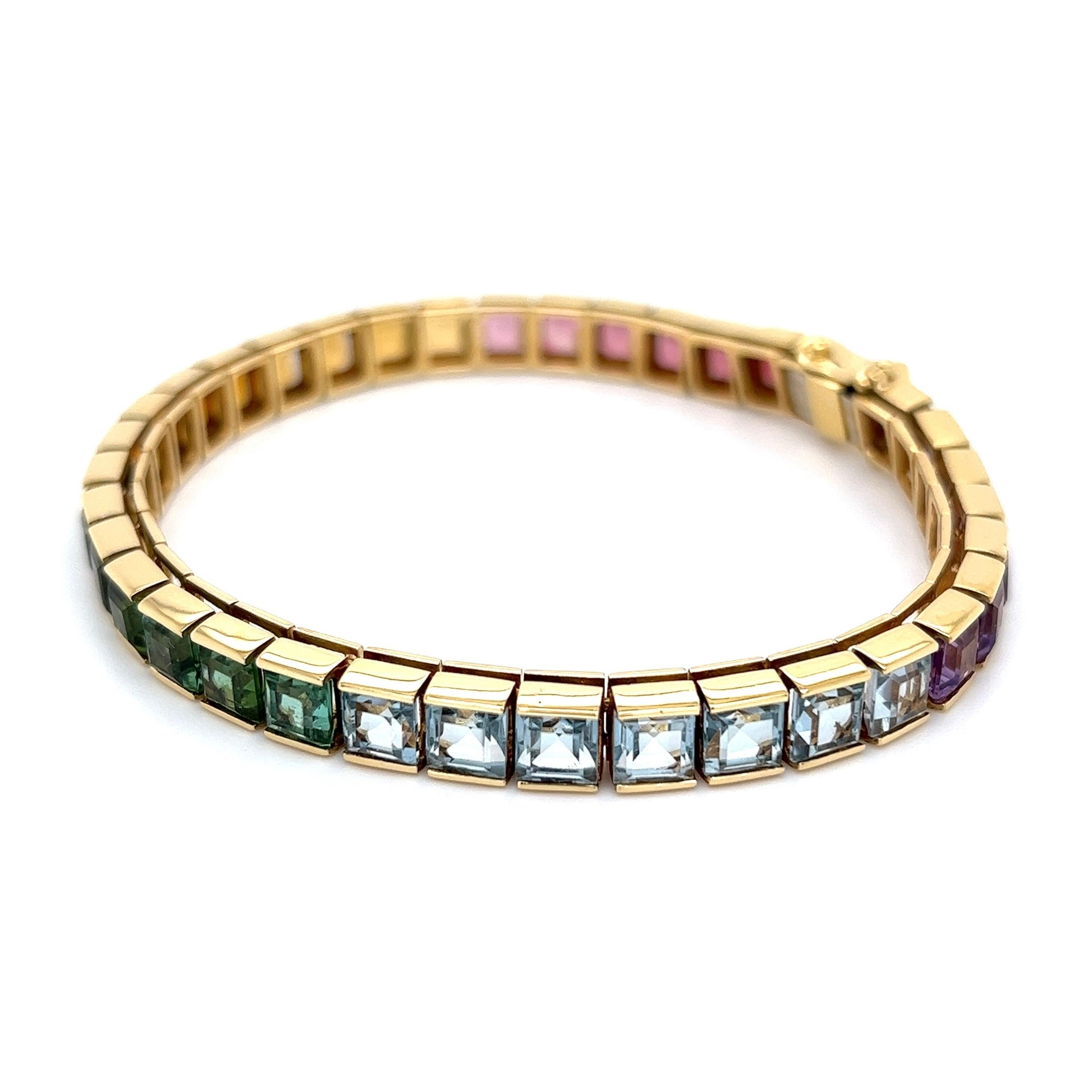 Square Cut 25 Carat Rainbow Gemstone Gold Line Tennis Bracelet Estate Fine Jewelry