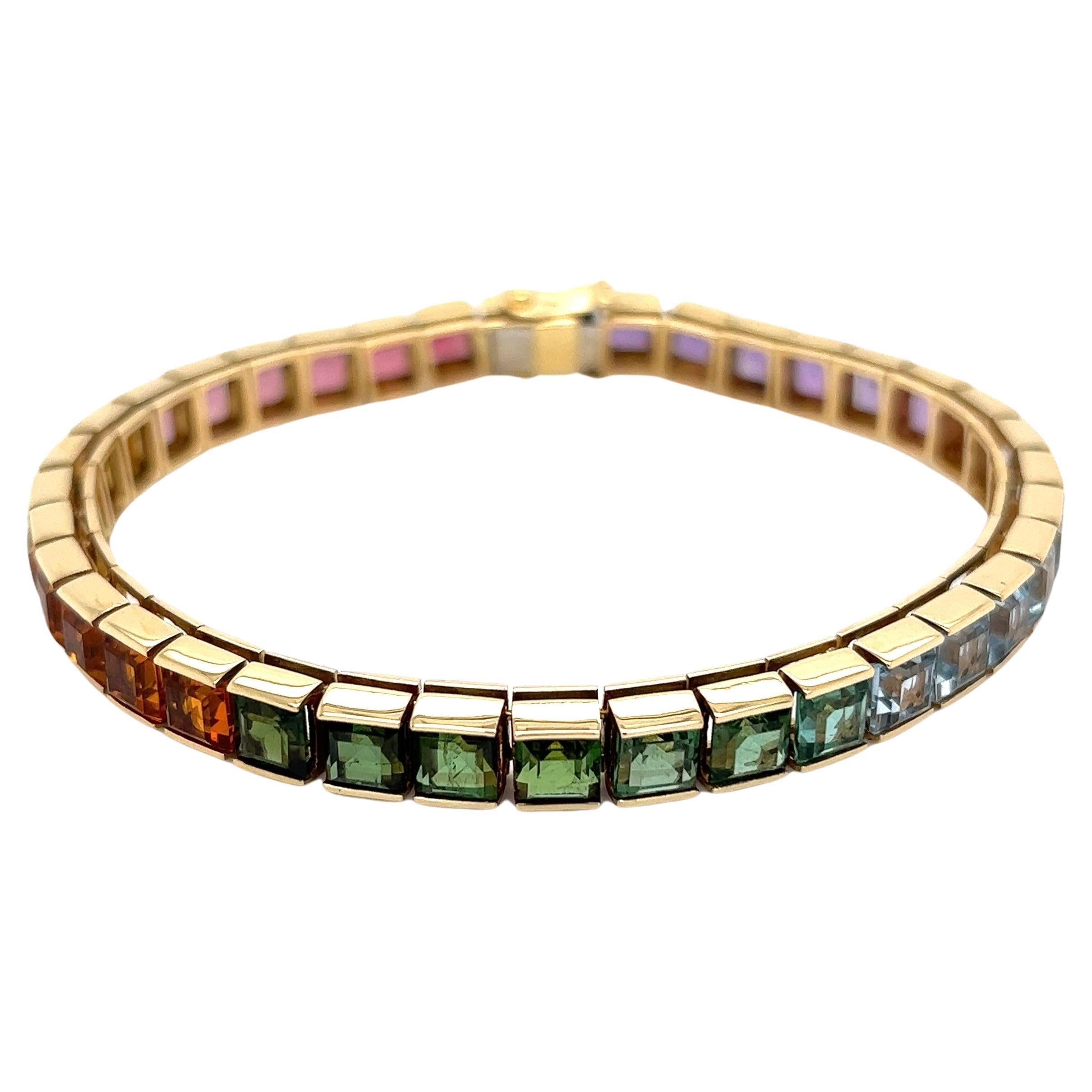 25 Carat Rainbow Gemstone Gold Line Tennis Bracelet Estate Fine Jewelry For Sale