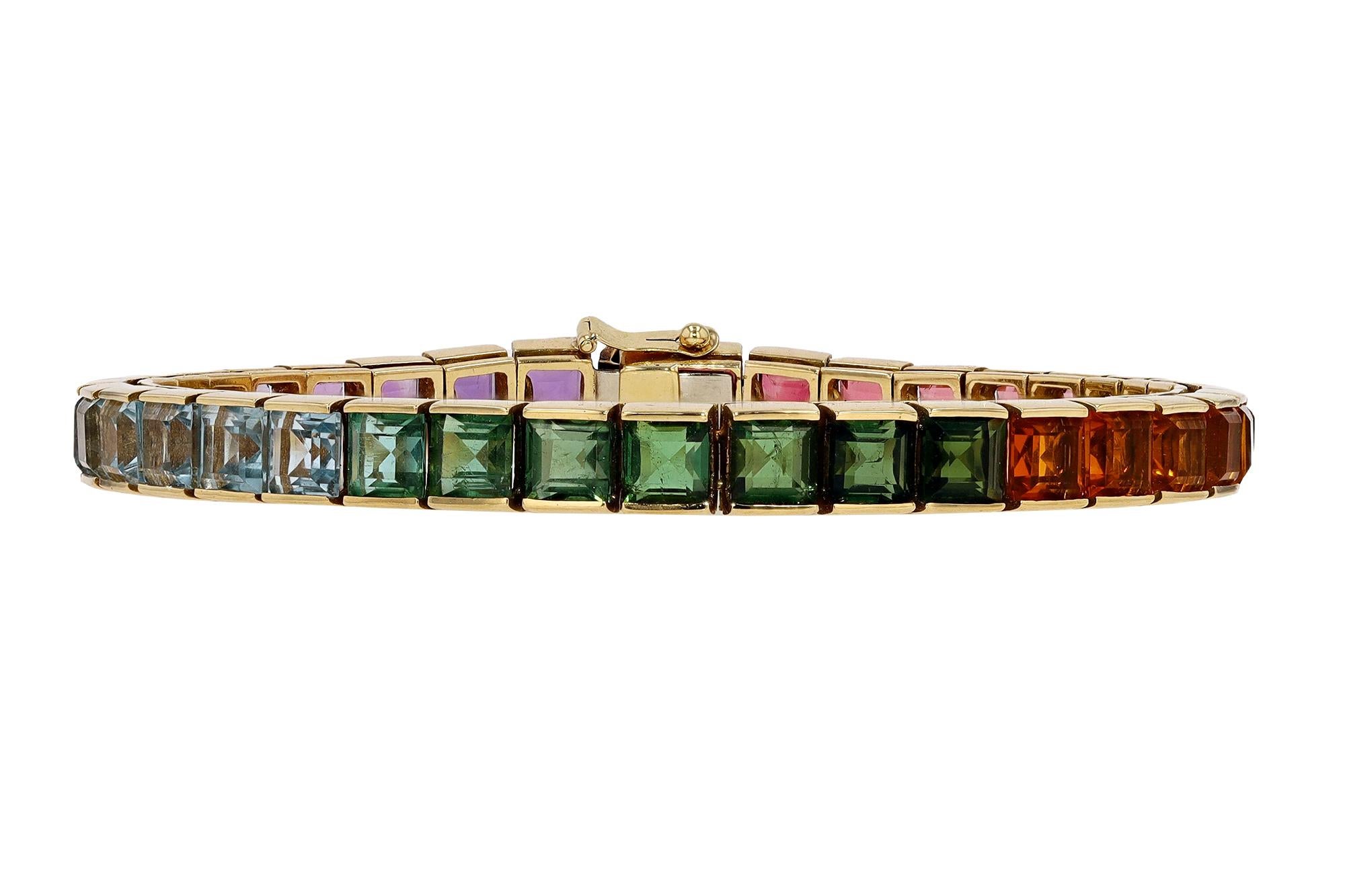 Contemporary 25 Carat Rainbow Gemstone Unisex Tourmaline Tennis Bracelet For Sale