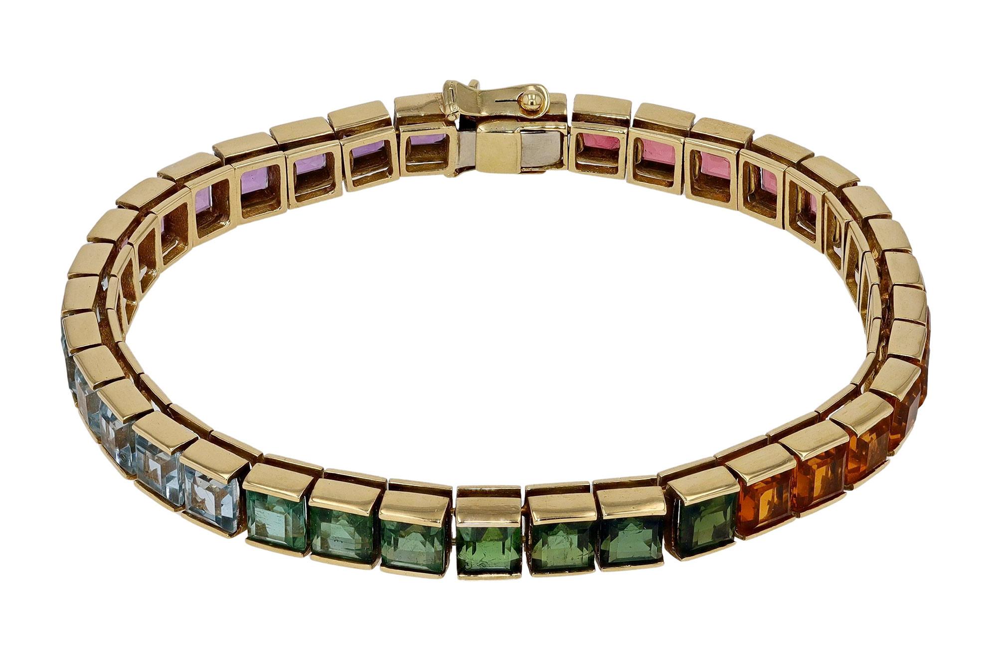Square Cut 25 Carat Rainbow Gemstone Unisex Tourmaline Tennis Bracelet For Sale
