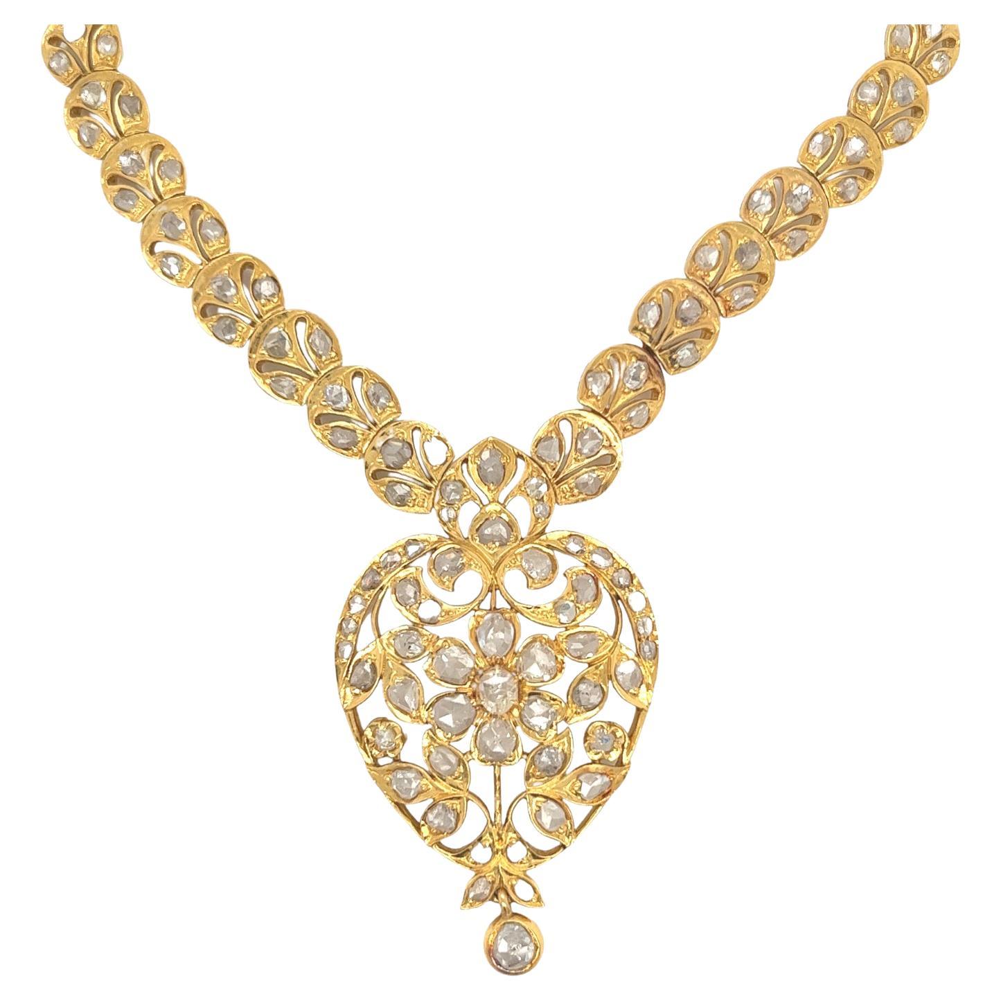 25 Carat Rose-Cut Diamond and 22K Yellow Gold Victorian-Style Necklace For Sale