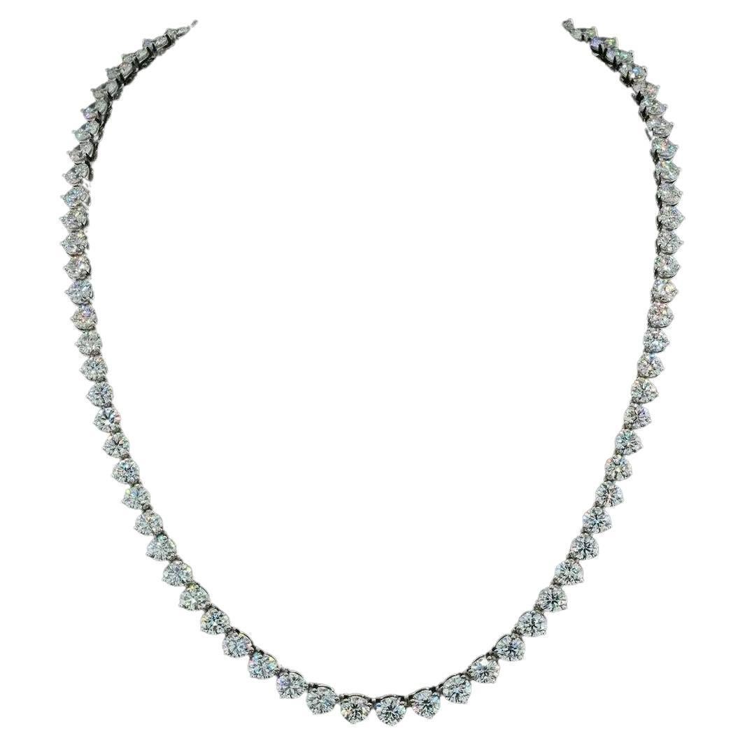 This stunning and impressive Riviera Necklace features substantial Diamond weight of 25 Carats in beautifully graduated Round Brilliant Cut gems all certified by GIA with a sparkly excellent cut white color D/E color and clarity si1/2 100% eye