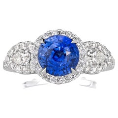 2.5 Carat Round Brilliant Diamond Ring Royal Blue Sapphire 14K Gold Quiet Power