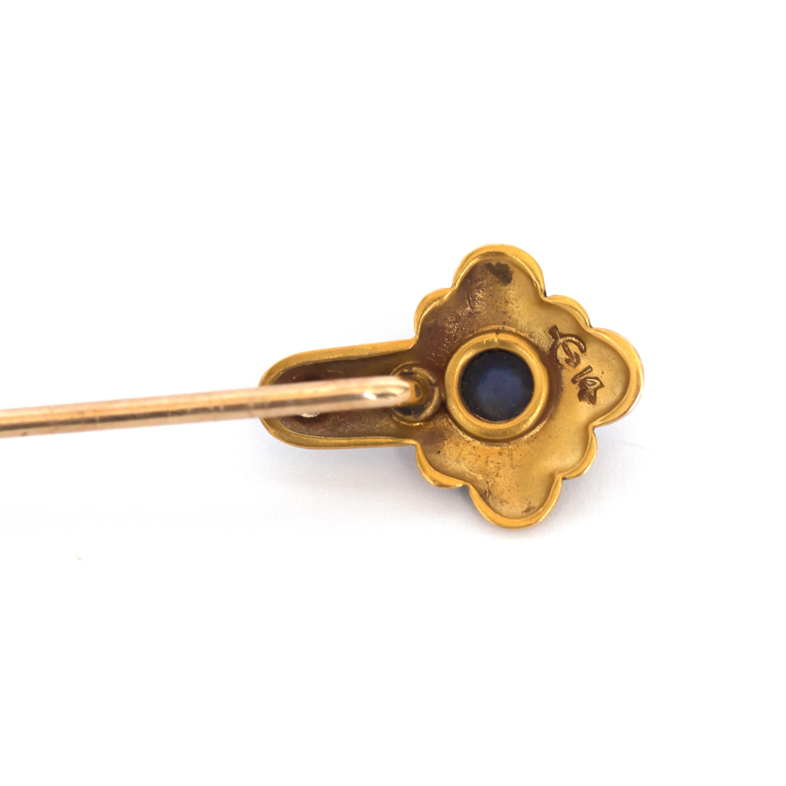 Art Deco .25 Carat Sapphire Yellow Gold Pin For Sale