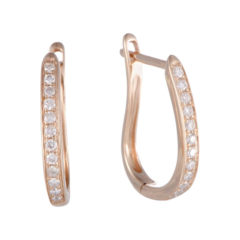 .25 Carat Small 14 Karat Rose Gold Diamond Oval Hoop Earrings For Sale at 1stdibs