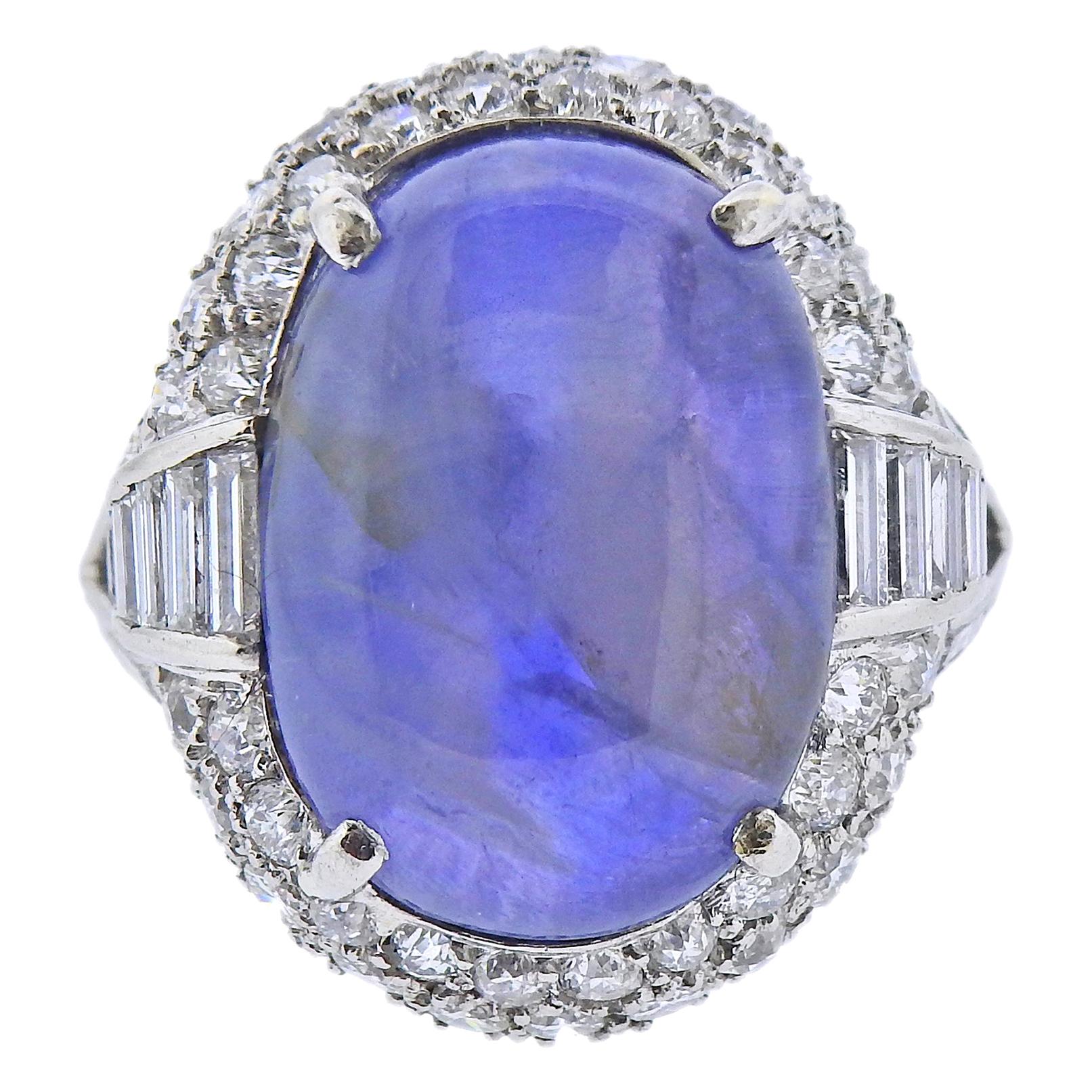 25 Carat Star Sapphire Cabochon Platinum Diamond Ring