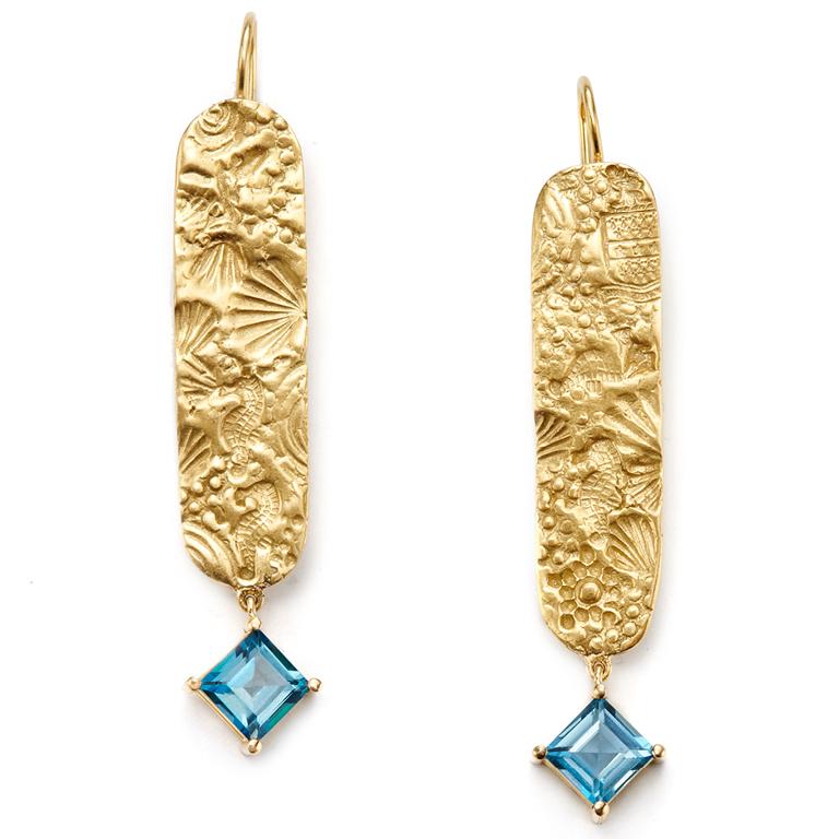 Contemporary Susan Lister Locke 2.5 Carat London Blue Topaz and 18K Gold Seascape Earrings
