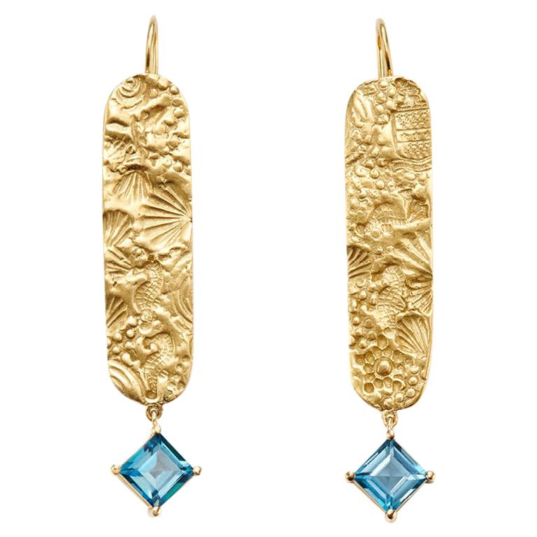 Susan Lister Locke 2.5 Carat London Blue Topaz and 18K Gold Seascape Earrings