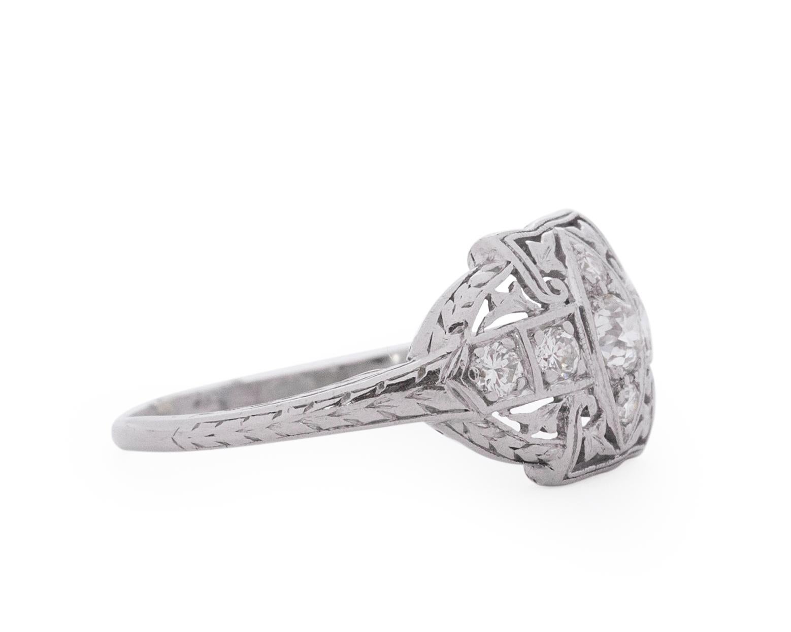 Item Details: 
Ring Size: 8.5
Metal Type: Platinum [Hallmarked, and Tested]
Weight: 2 grams

Diamond Details:
Weight: .25 Carat Total Weight
Cut: Old European Brilliant
Color: G
Clarity: VS

Finger to Top of Stone Measurement: 3.5mm
Condition: