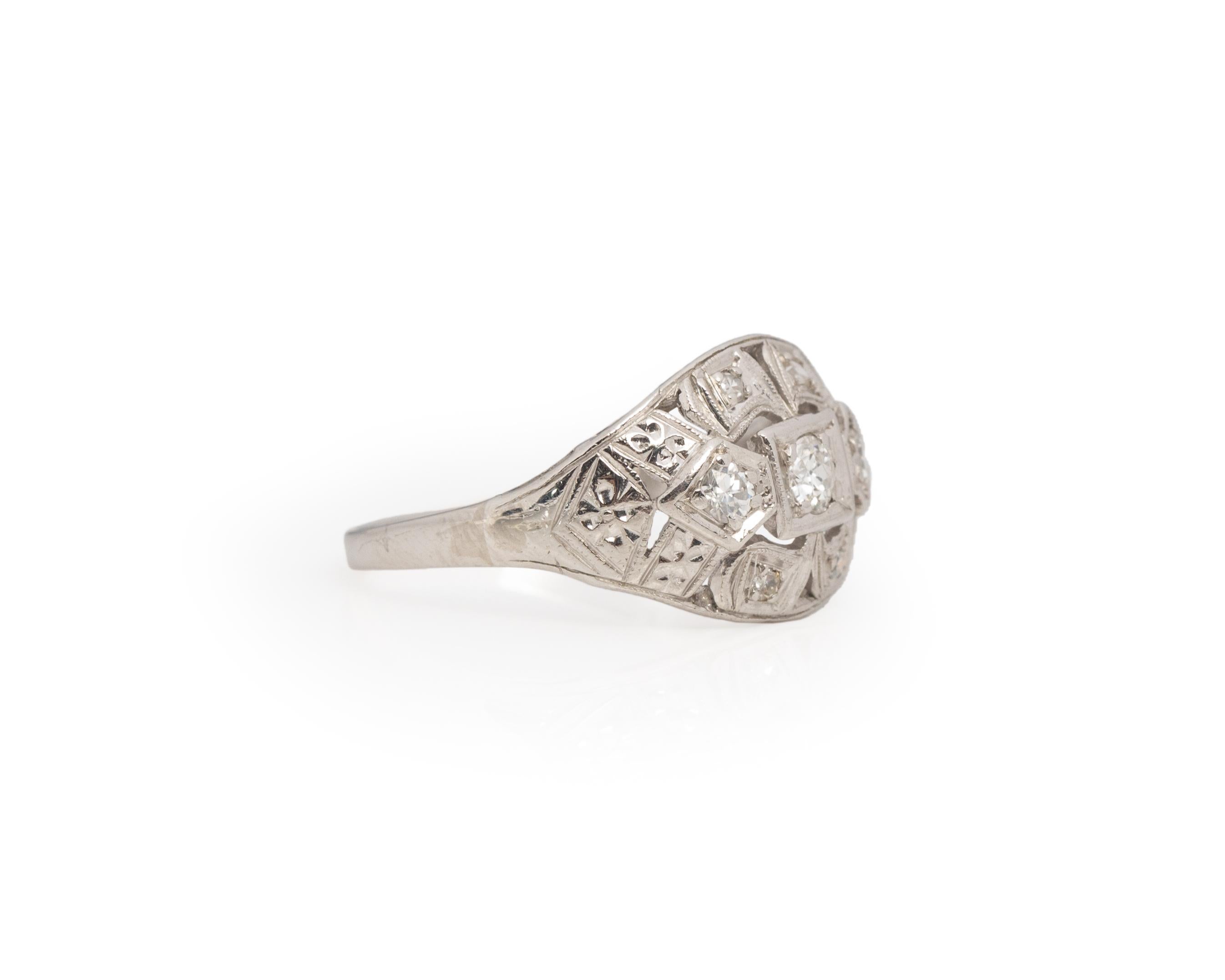 Ring Size: 6.5
Metal Type: Platinum [Hallmarked, and Tested]
Weight: 4.1 grams

Diamond Details:
Weight: .25ct, total weight
Cut: Old European brilliant
Color: G
Clarity: VS

Finger to Top of Stone Measurement: 4.mm
Shank/Band Width:
