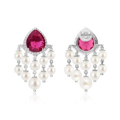 25 Carat Tourmaline Pearl Chandelier Earrings 0.45 Carat Diamond 18k White Gold