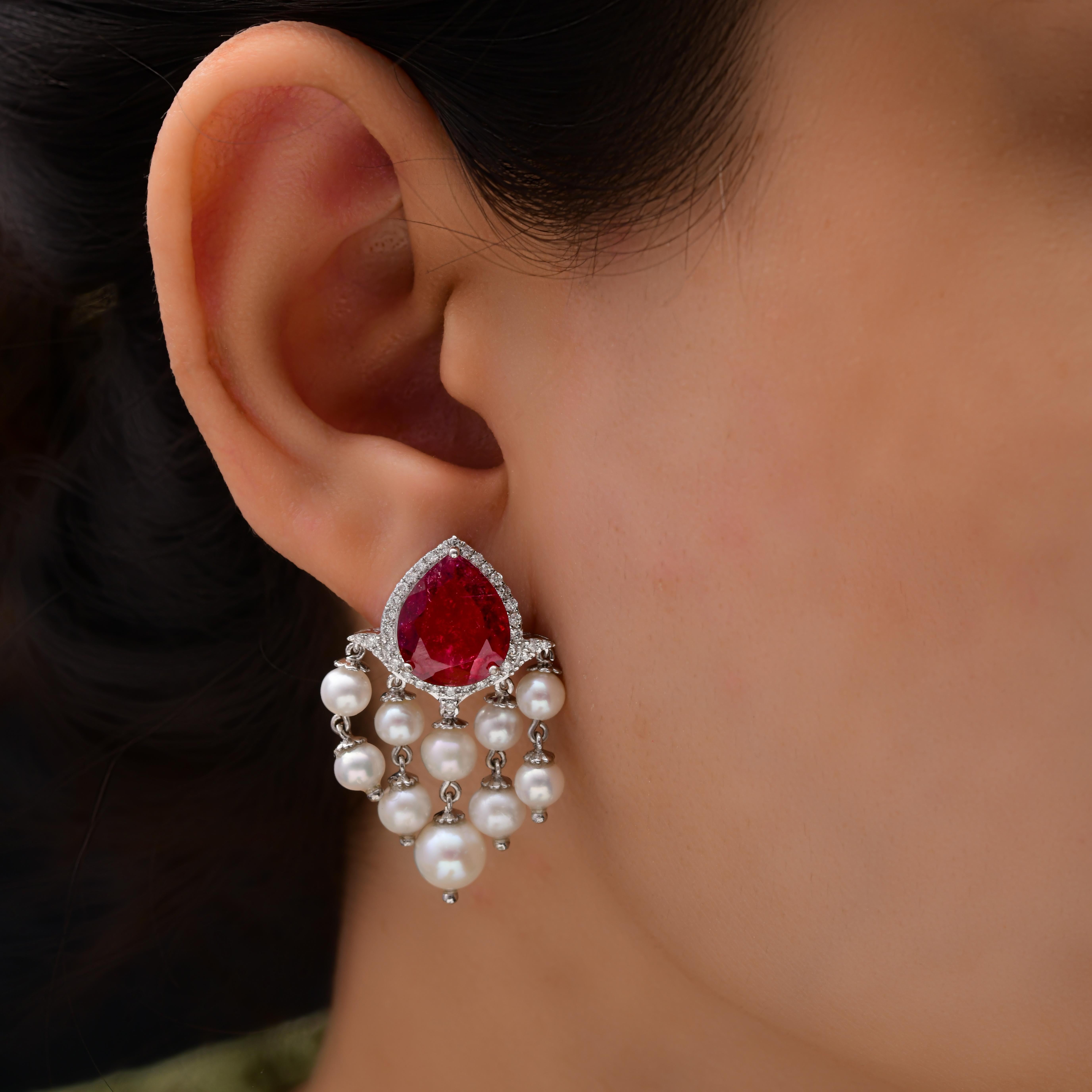Boucles d'oreilles chandelier en or blanc 18 carats, perles de tourmaline de 25 carats et diamants de 0,45 carat Pour femmes en vente