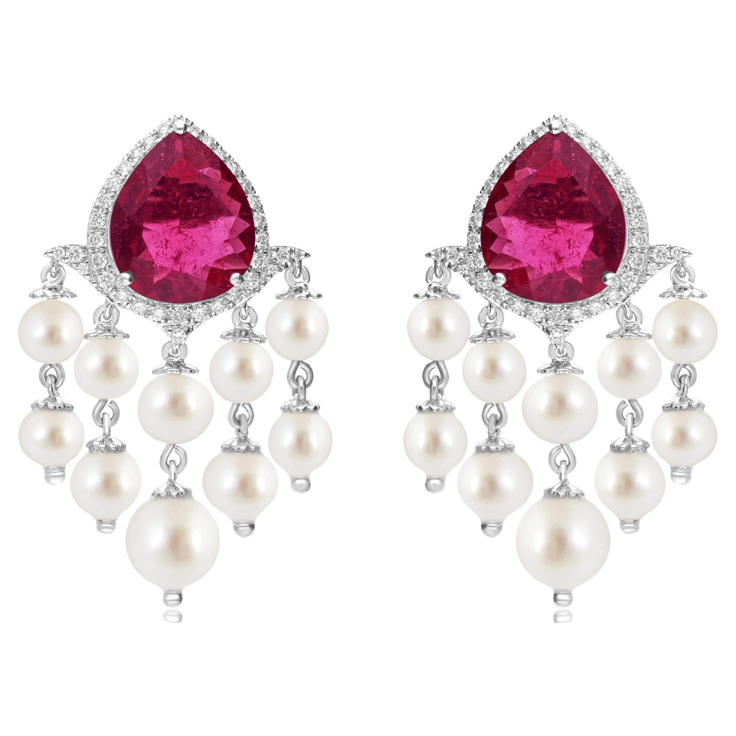 25 Carat Tourmaline Pearl Chandelier Earrings 0.45 Carat Diamond 18k White Gold