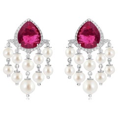 25 Carat Tourmaline Pearl Chandelier Earrings 0.45 Carat Diamond 18k White Gold