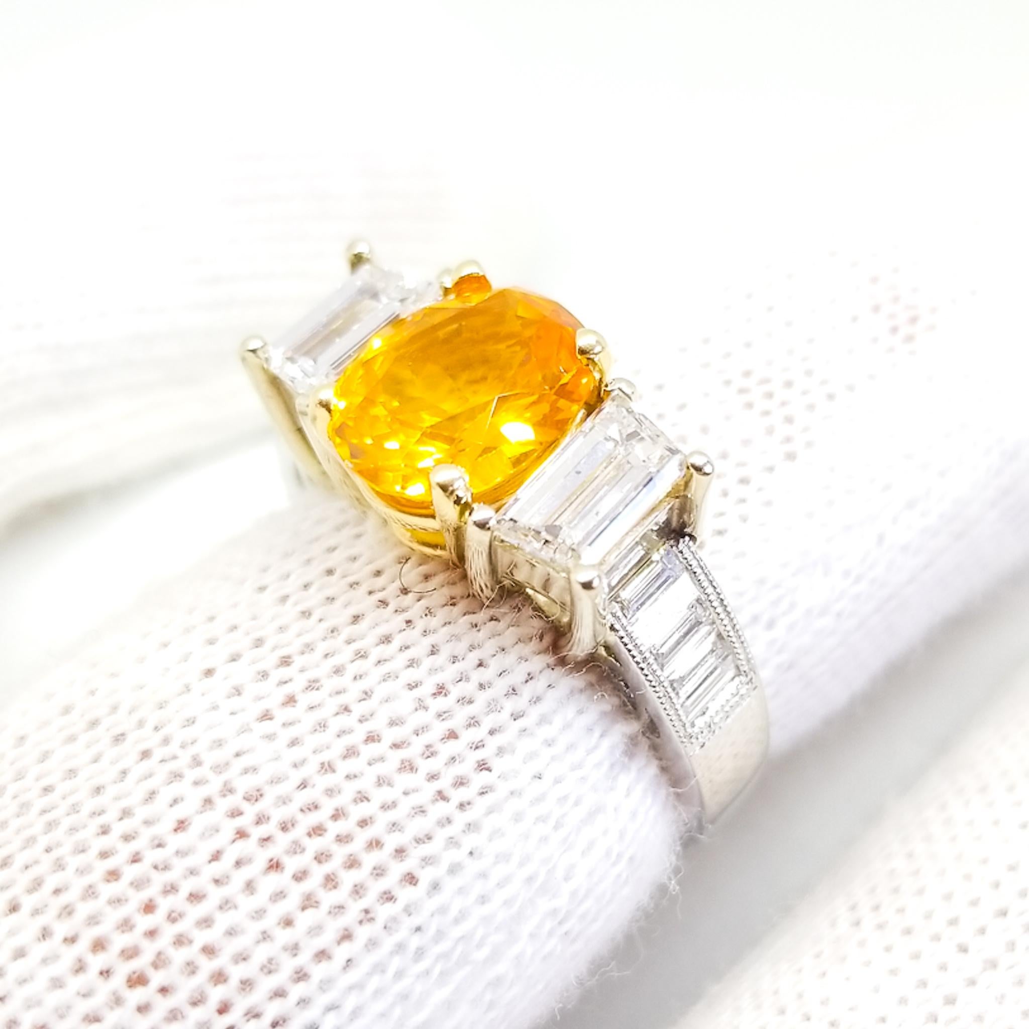 Zafiro vivo de 2,5 quilates Anillo de diamantes baguette trapezoidal de 1,5 quilates Platino 18KY en venta 9