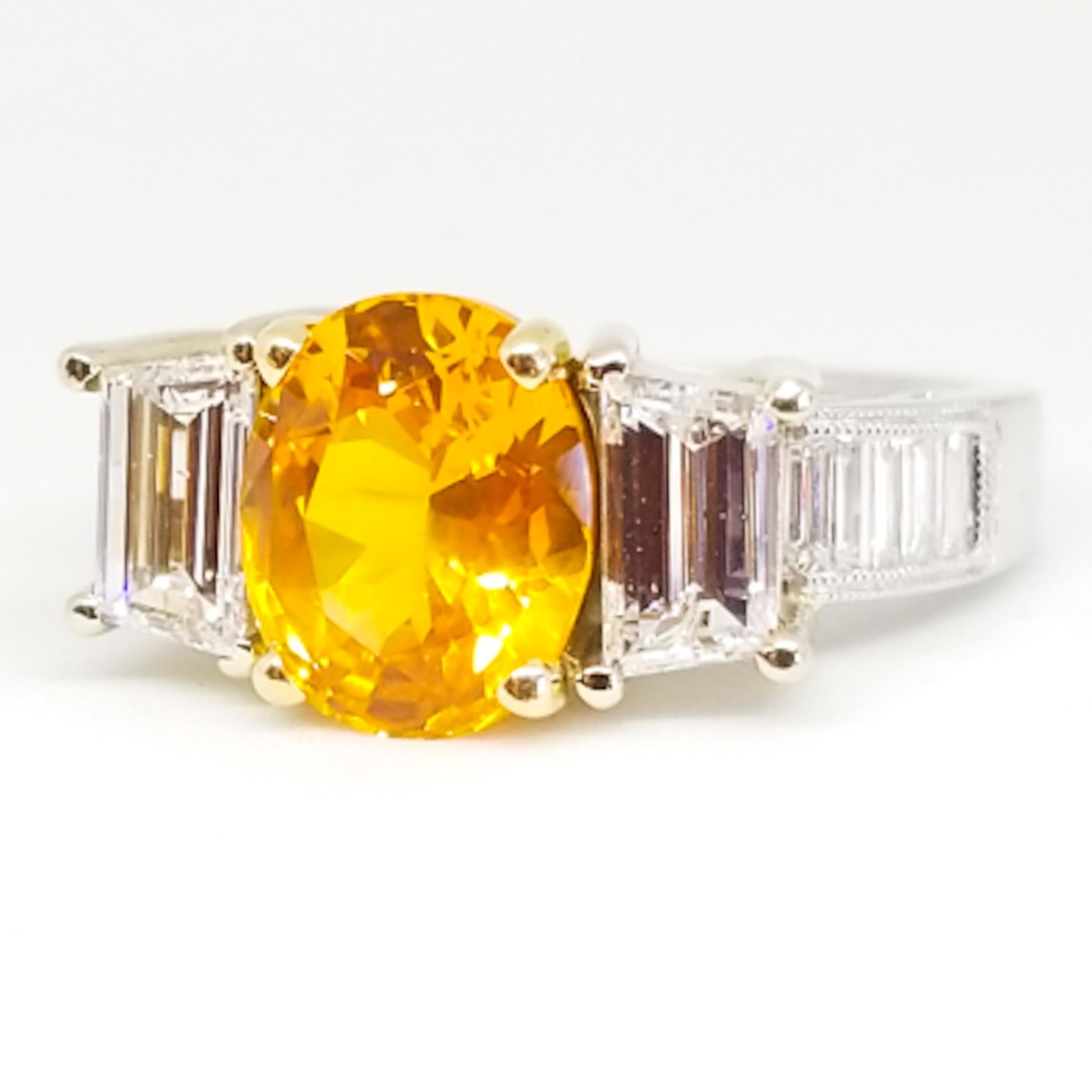 Zafiro vivo de 2,5 quilates Anillo de diamantes baguette trapezoidal de 1,5 quilates Platino 18KY en venta 12
