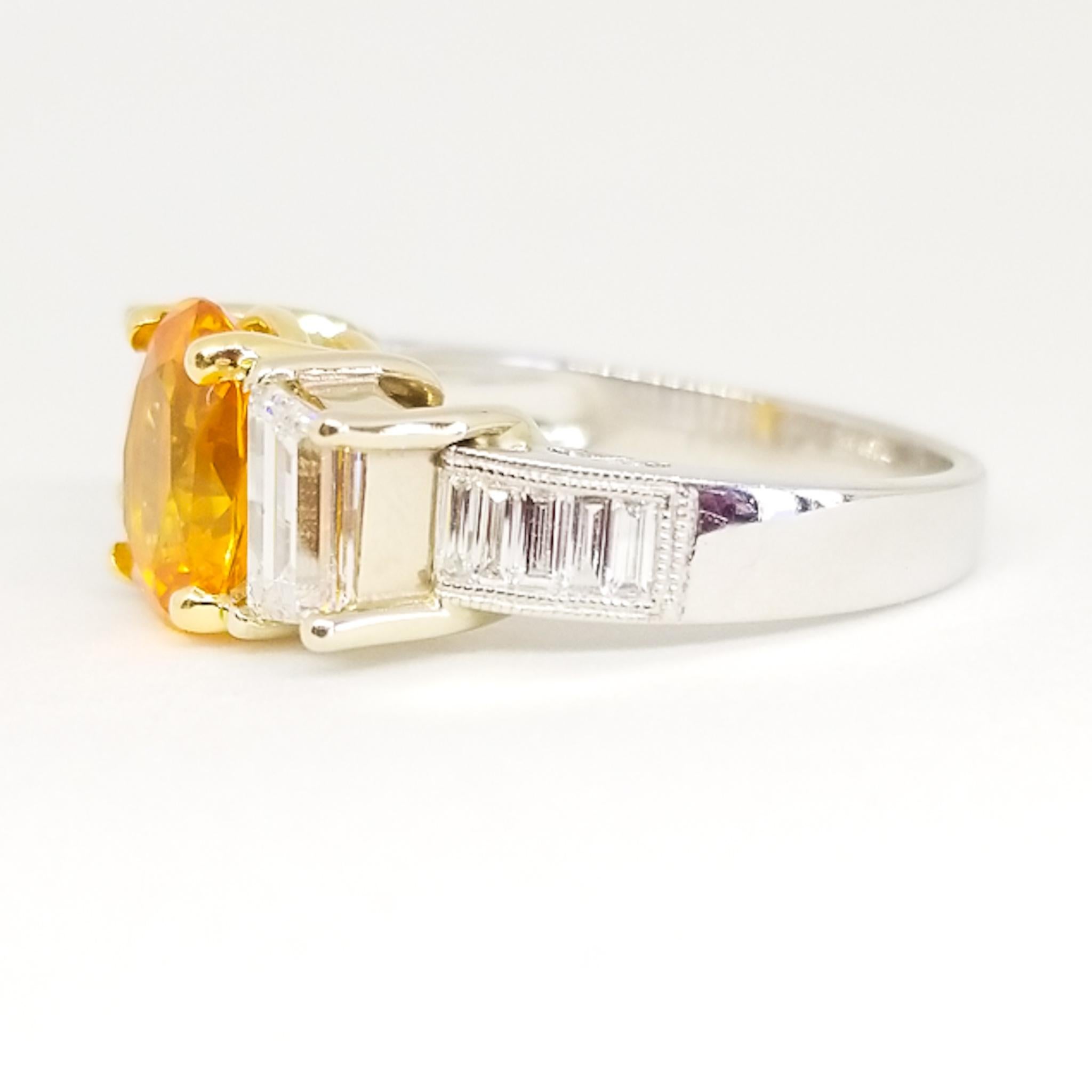 Zafiro vivo de 2,5 quilates Anillo de diamantes baguette trapezoidal de 1,5 quilates Platino 18KY en Nuevo estado para la venta en Lambertville , NJ