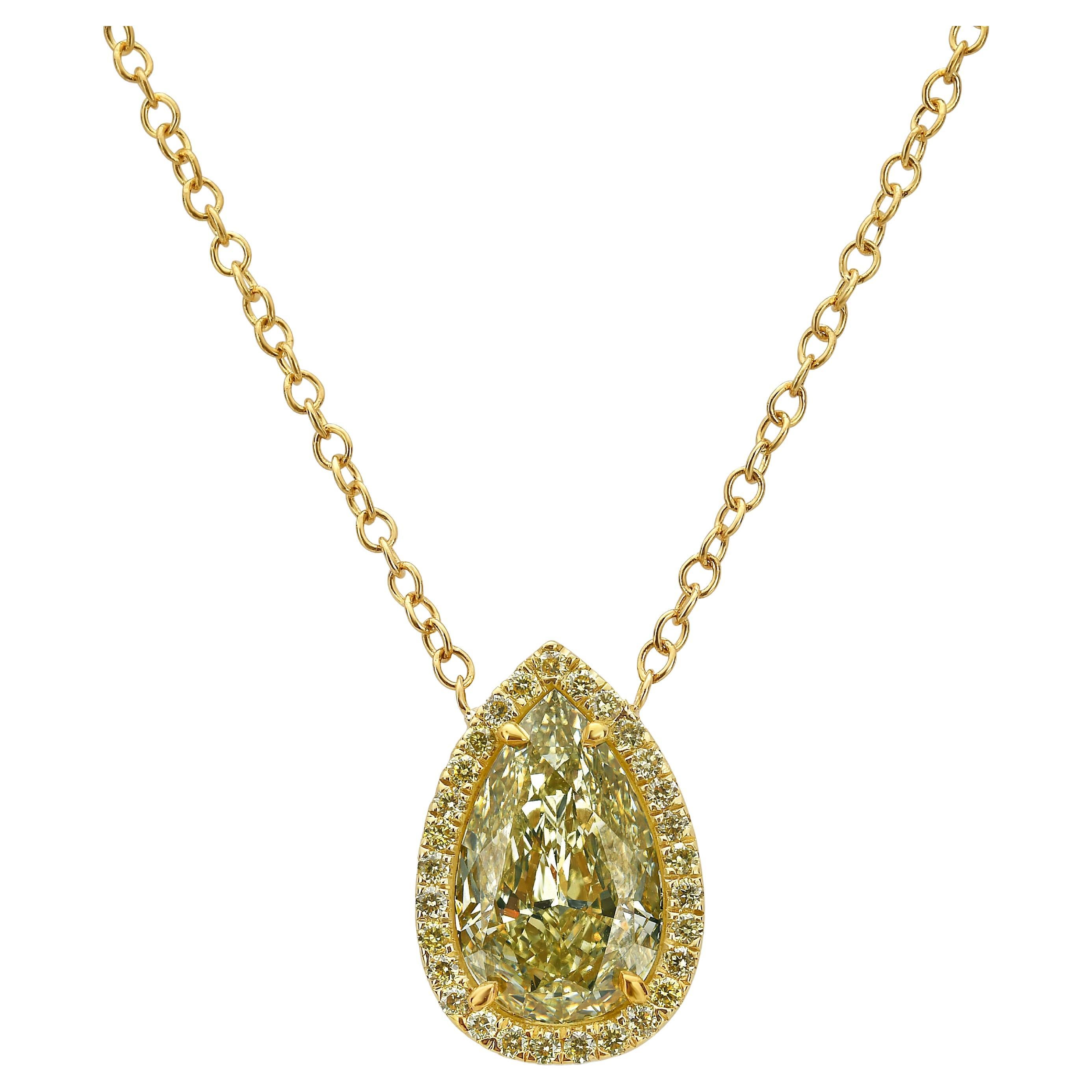 2.5 Carat Yellow Pear Shape with Yellow Halo Diamond Necklace For Sale