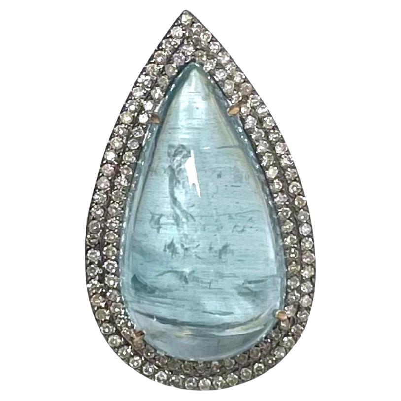 Contemporary 25 Carats Aquamarine Teardrop with Pave Diamonds Paradizia Ring For Sale