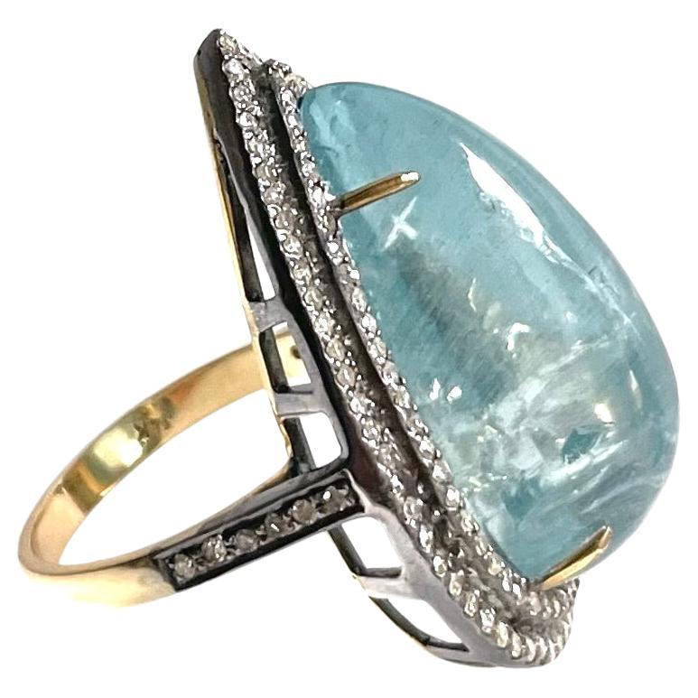 Pear Cut 25 Carats Aquamarine Teardrop with Pave Diamonds Paradizia Ring For Sale