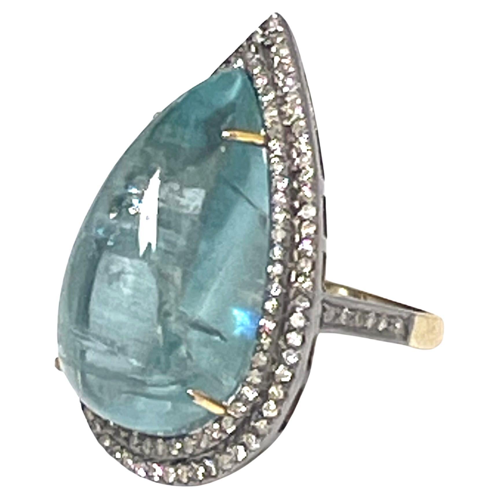 25 Carats Aquamarine Teardrop with Pave Diamonds Paradizia Ring In New Condition For Sale In Laguna Beach, CA