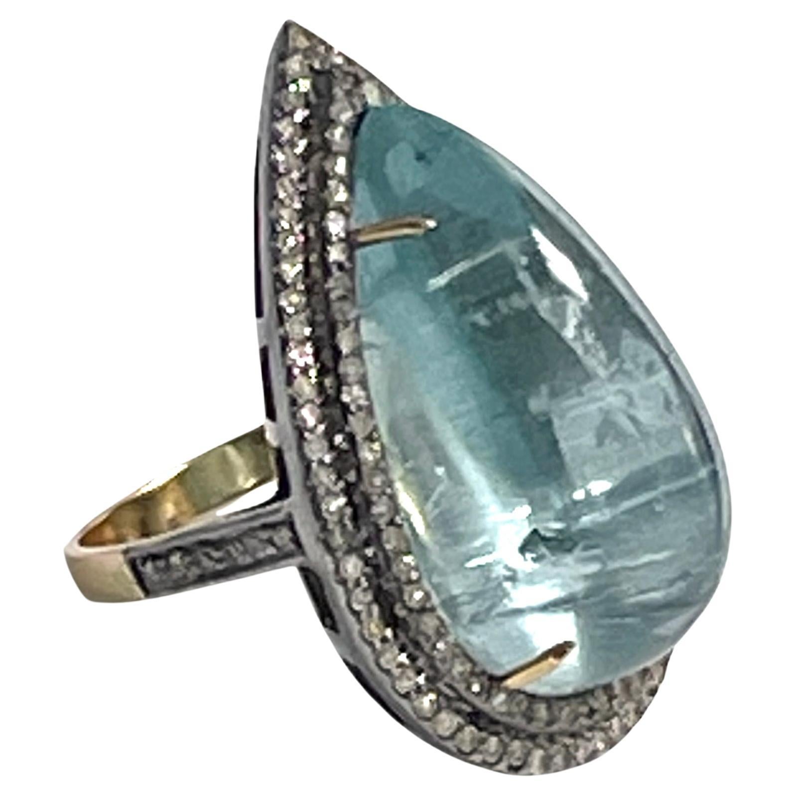 Women's 25 Carats Aquamarine Teardrop with Pave Diamonds Paradizia Ring For Sale
