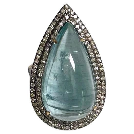 25 Carats Aquamarine Teardrop with Pave Diamonds Paradizia Ring For Sale 3