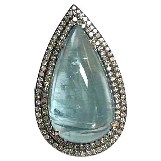 25 Carats Aquamarine Teardrop with Pave Diamonds Paradizia Ring For Sale