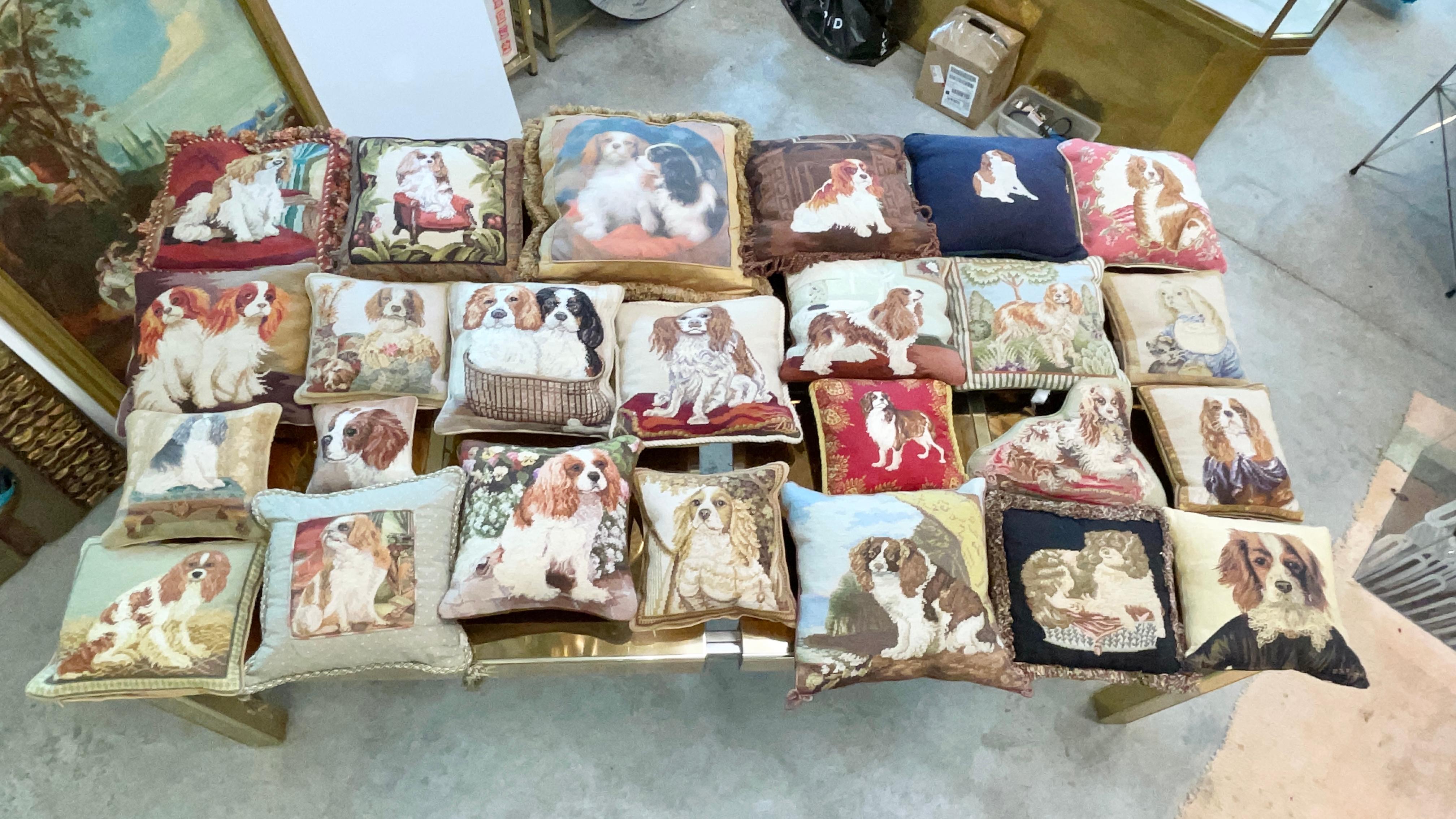An assorted collection of themed pillows and cushions by various makers and employing various methods of stitchery, embroidery, needlepoint, etc. 
25 in total.
Sold only as a complete set, not individually.

Provenance: Property of an obsessive