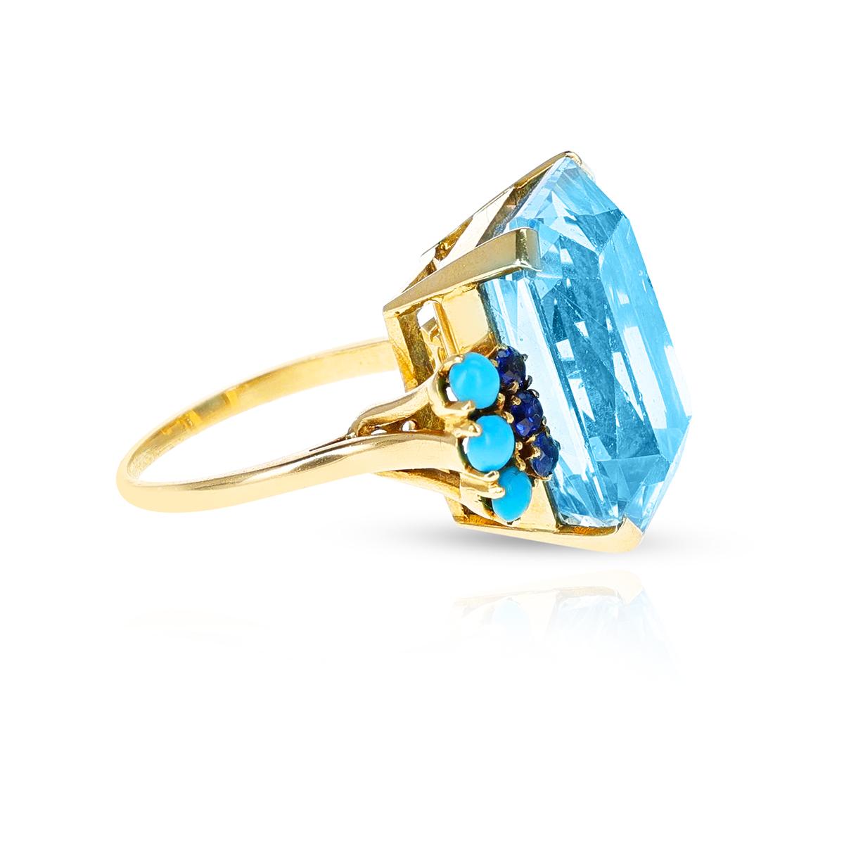 Emerald Cut 25 Ct. Aquamarine, Sapphire and Turquoise Cocktail Ring, 18k