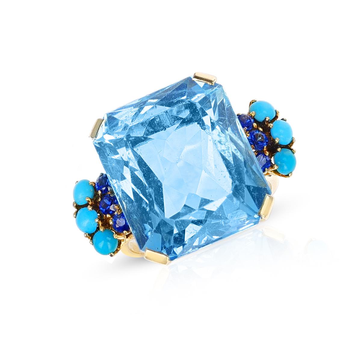 25 Ct. Aquamarine, Sapphire and Turquoise Cocktail Ring, 18k In Excellent Condition In New York, NY