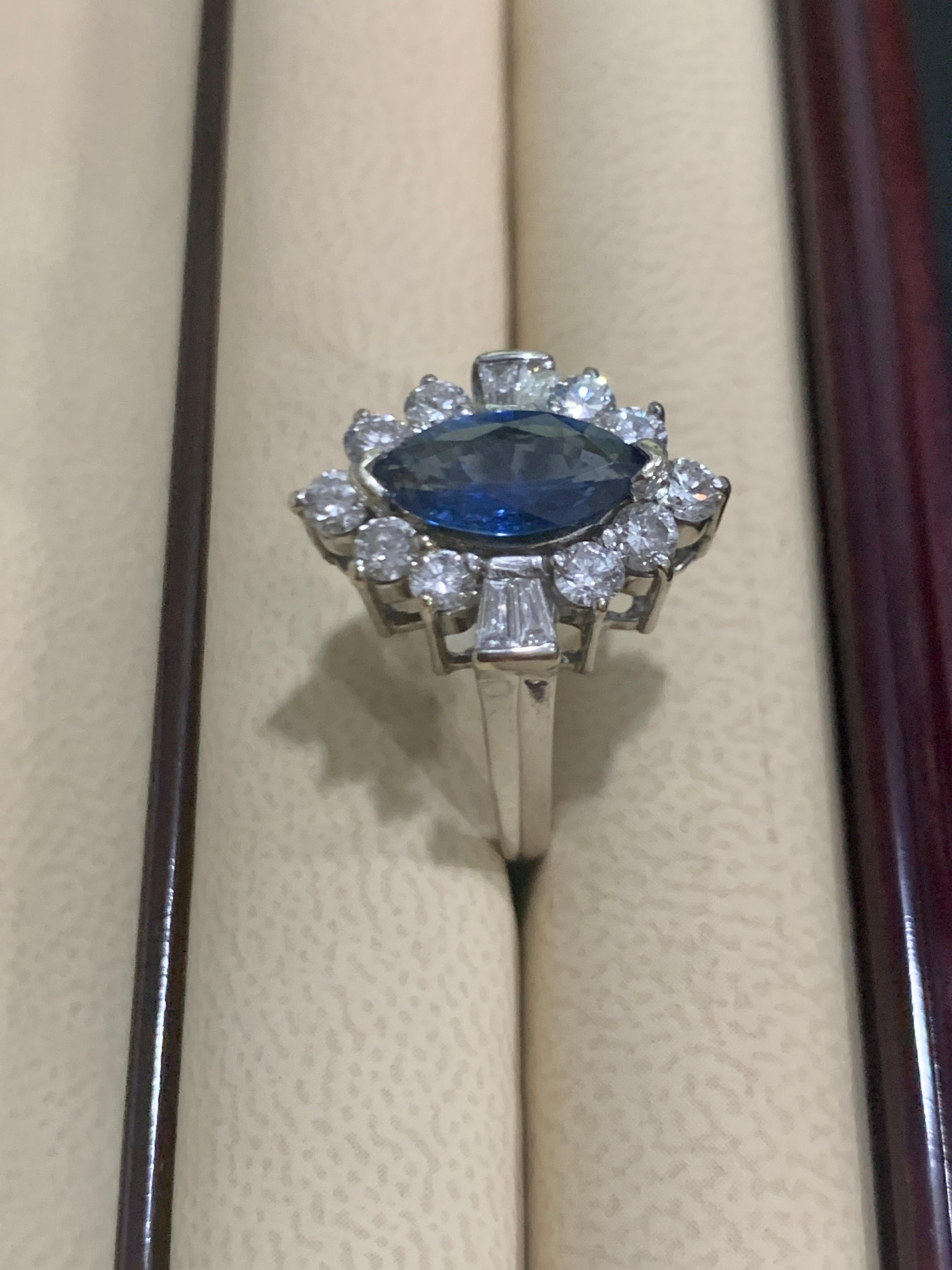 Marquise Cut 2.5 Ct Blue Sapphire & 1.2Ct Diamond Cocktail Ring in 18 Karat White Gold Estate For Sale