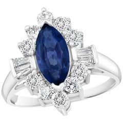2.5 Ct Blue Sapphire & 1.2Ct Diamond Cocktail Ring in 18 Karat White Gold Estate