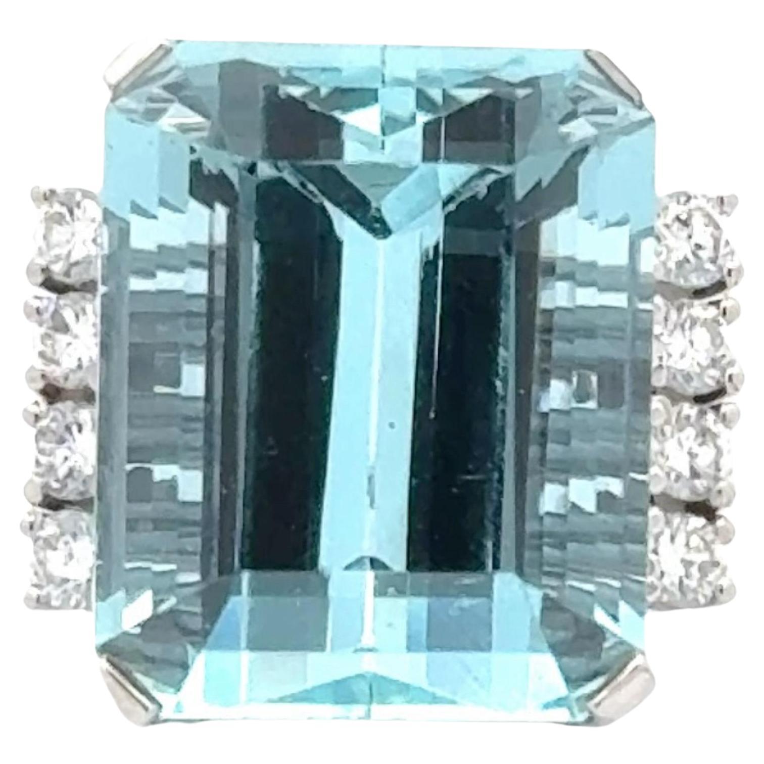 25 CT Emerald Cut Aquamarine Diamond 18 Karat White Gold Cocktail Ring