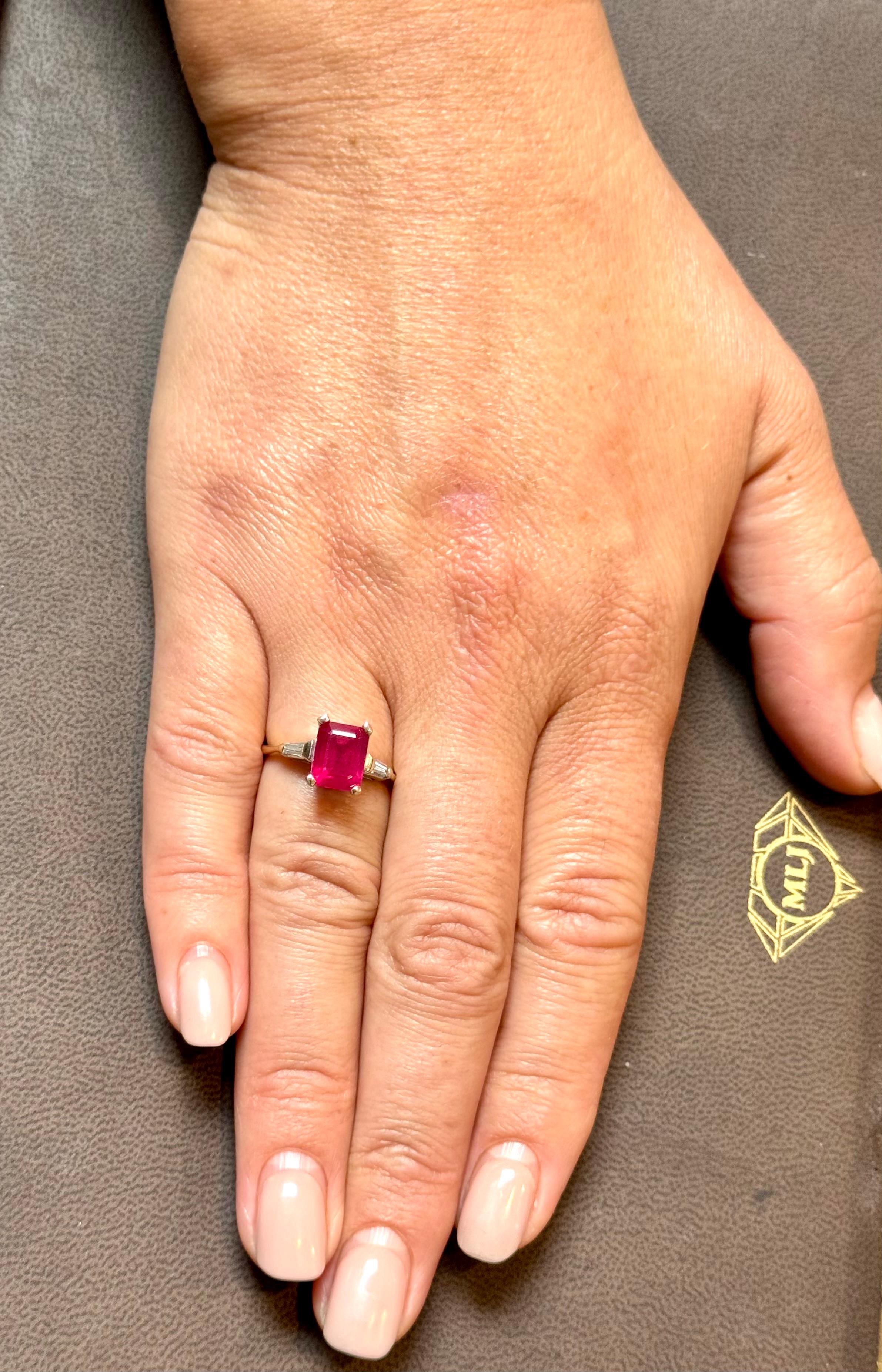 2.5 Ct Emerald Cut Treated Ruby & 0.15 ct Diamond Ring 14 Kt White Gold Size 5 For Sale 7